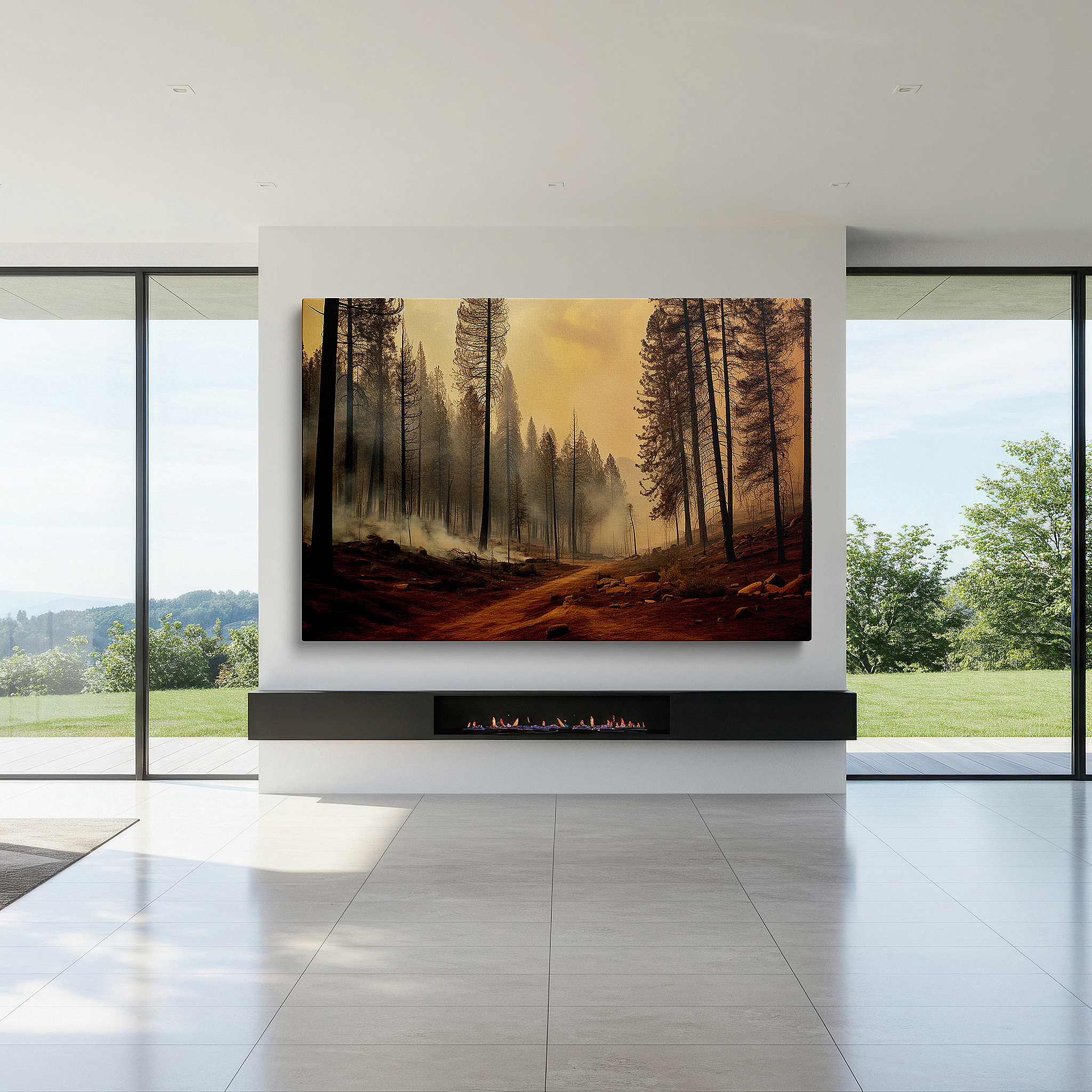 Back view reveals professional finishing and solid wood frame — wall art: charred forest resilience - a poignant reflection on nature's cycle of destruction and renewal. large canvas wall art for home and office decor.