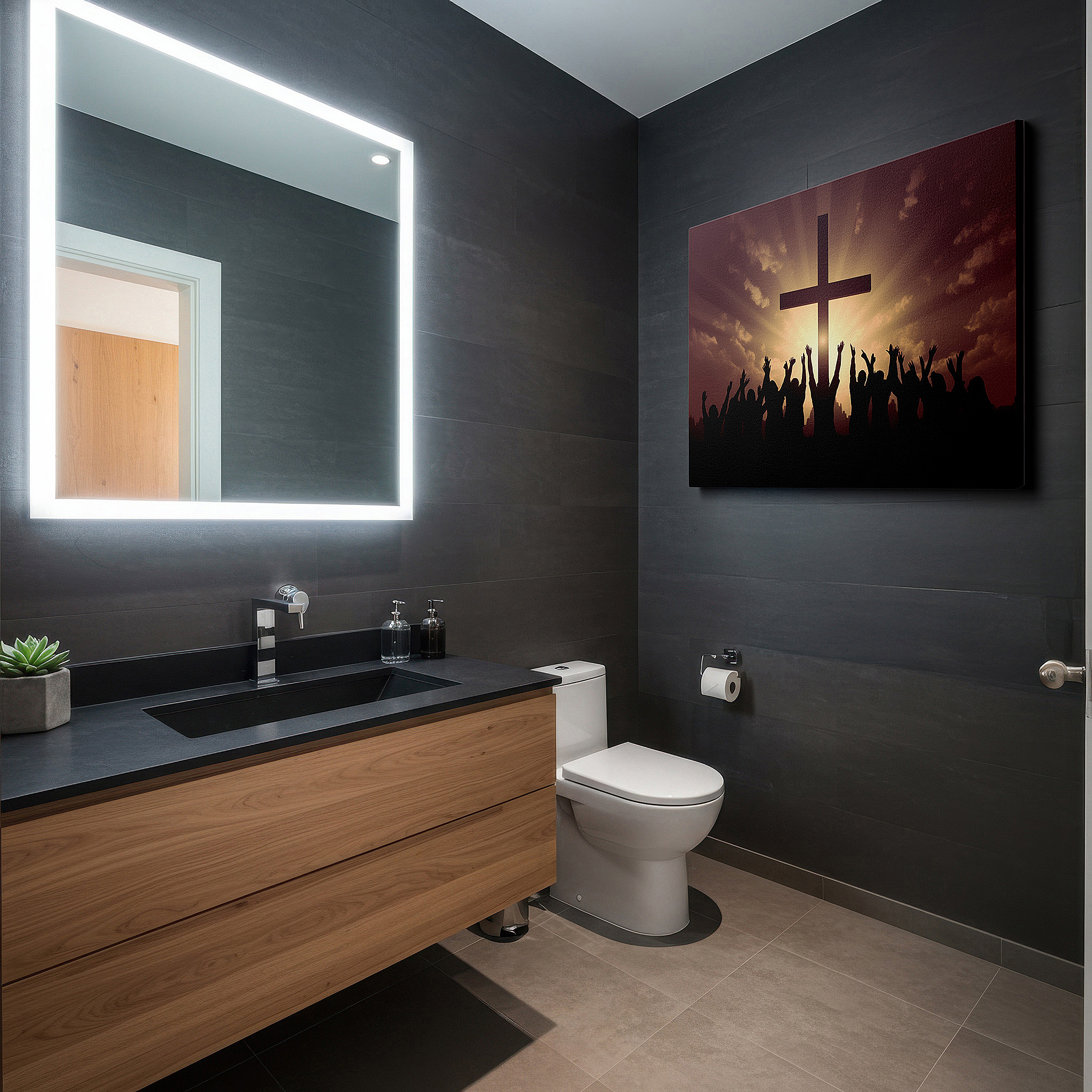 Back view reveals professional finishing and solid wood frame — wall art: a crowd united in worship at sunrise, silhouetted against a majestic cross, symbolizing light and hope - large canvas wall art