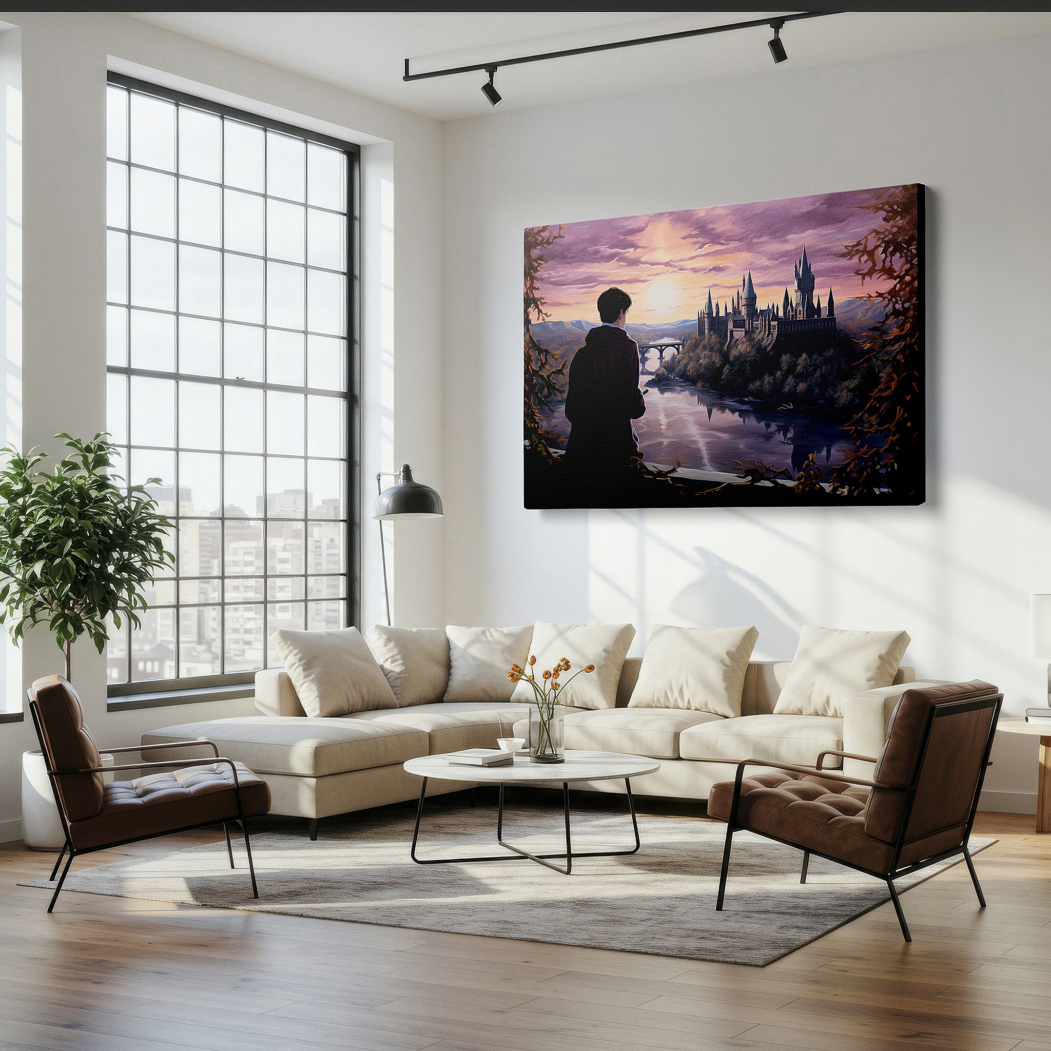 Back view reveals professional finishing and solid wood frame — wall art: enchanting castle at sunset featuring a mysterious cloaked figure - ideal for office and bedroom decor, large canvas wall art