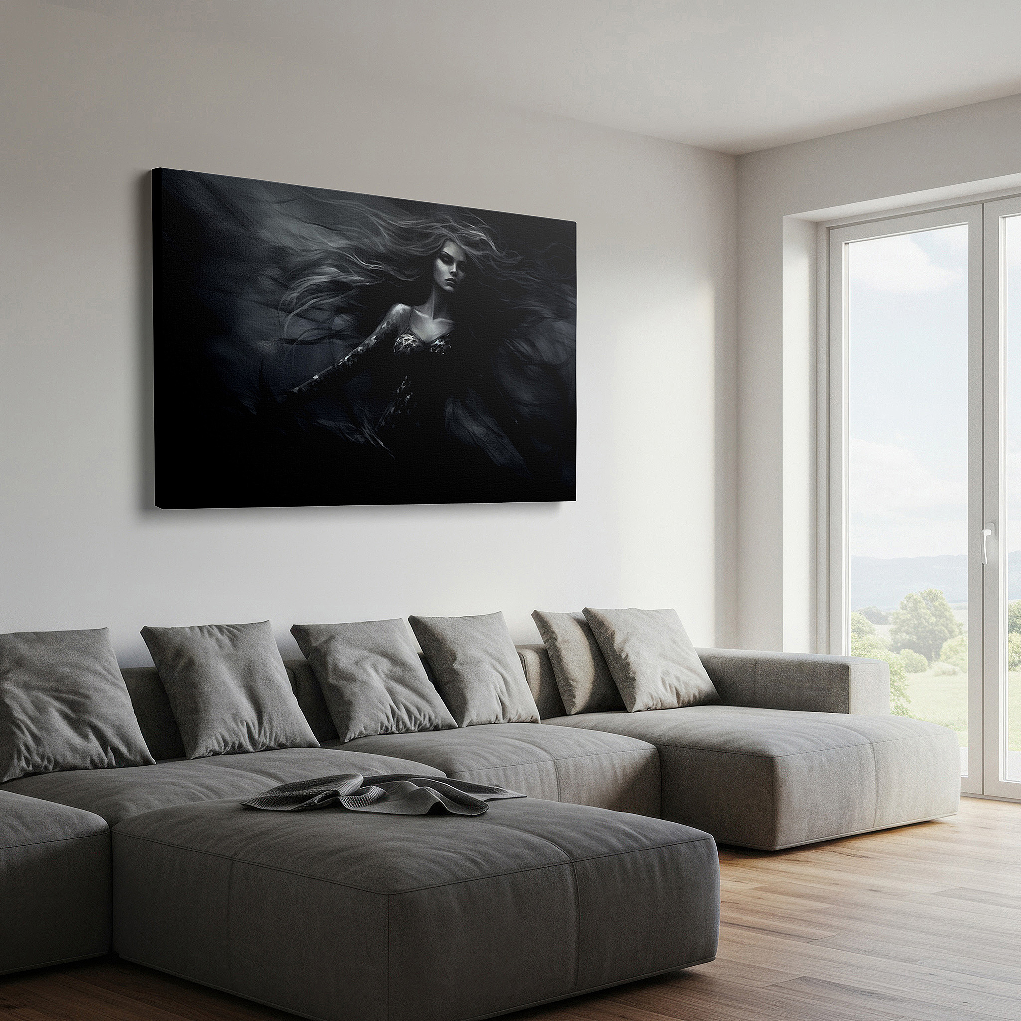 Back view reveals professional finishing and solid wood frame — wall art: enigmatic charm in black and white - a striking dance of shadows and light. ideal for living rooms, offices, and bedrooms.