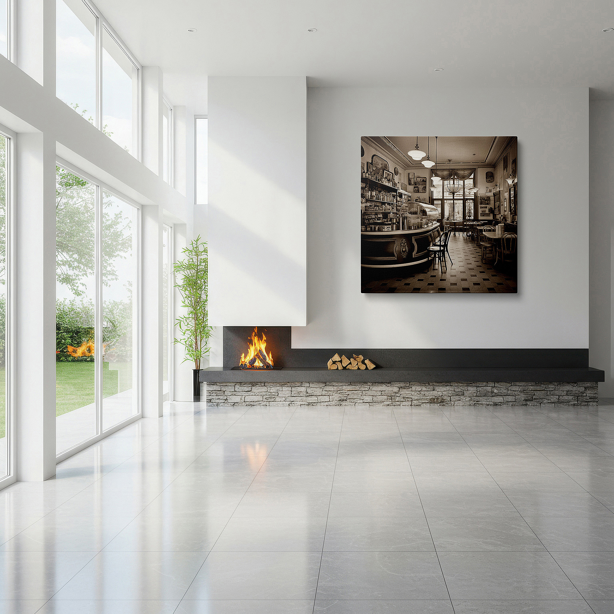Back view reveals professional finishing and solid wood frame — wall art: experience the timeless charm of a café - journey into nostalgia with warmth and comfort. explore large wall art, canvas wall art, and decor for offices and bedrooms.