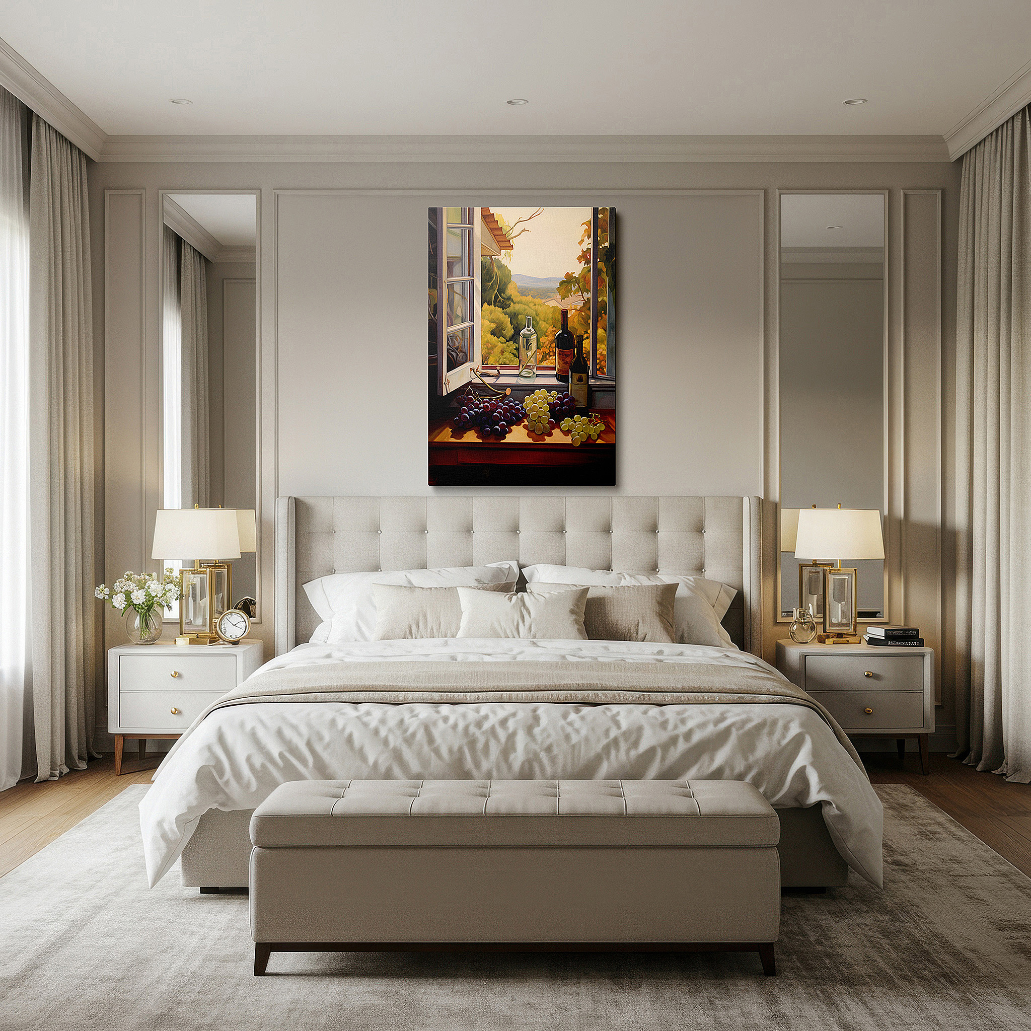 Back view reveals professional finishing and solid wood frame — wall art: lush grapes and wine bottles with a peaceful window scene, celebrating nature's bounty - large canvas wall art decor