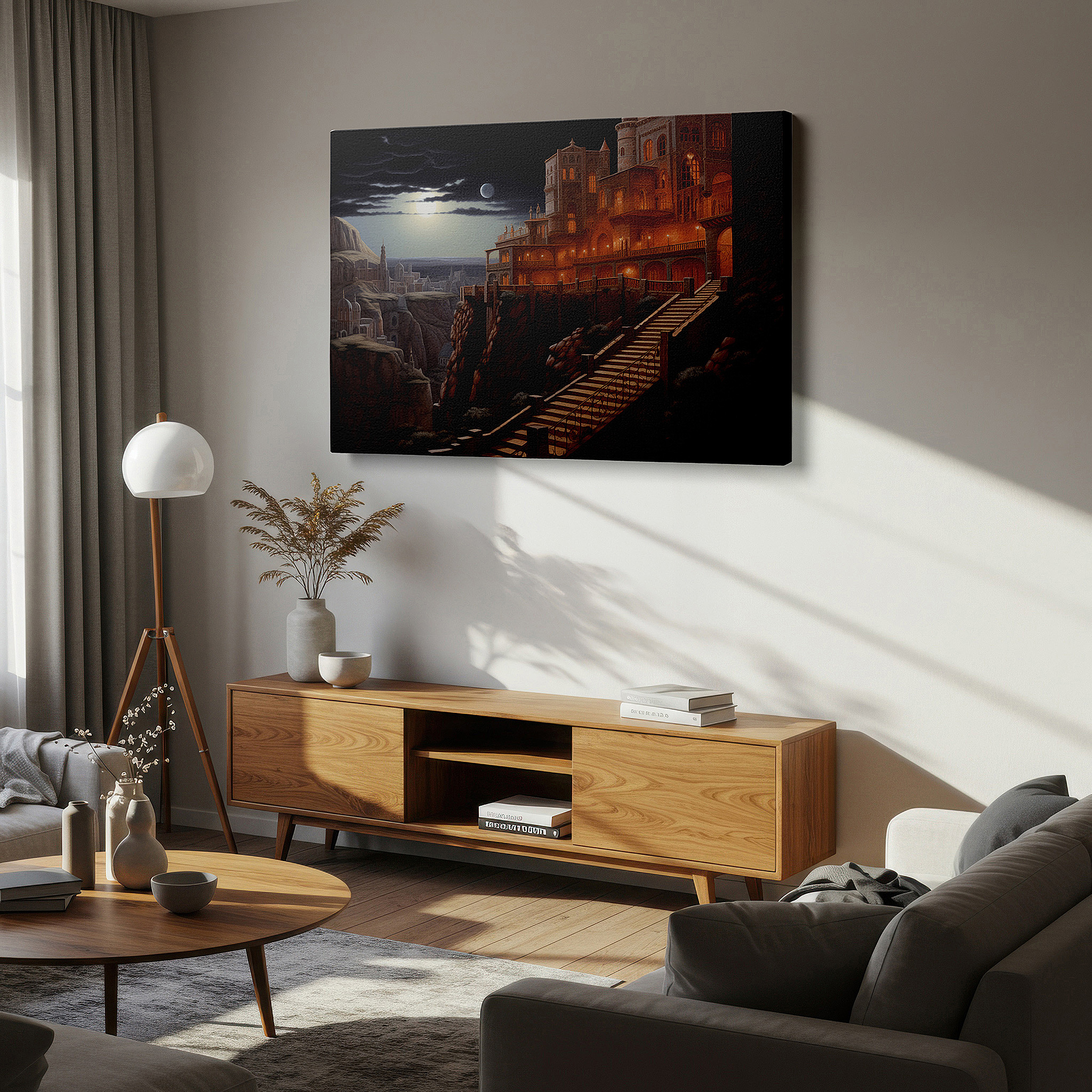 Back view reveals professional finishing and solid wood frame — wall art: majestic mountain fortress under moonlit twilight - gateway to ancient realms, large canvas wall art decor for office