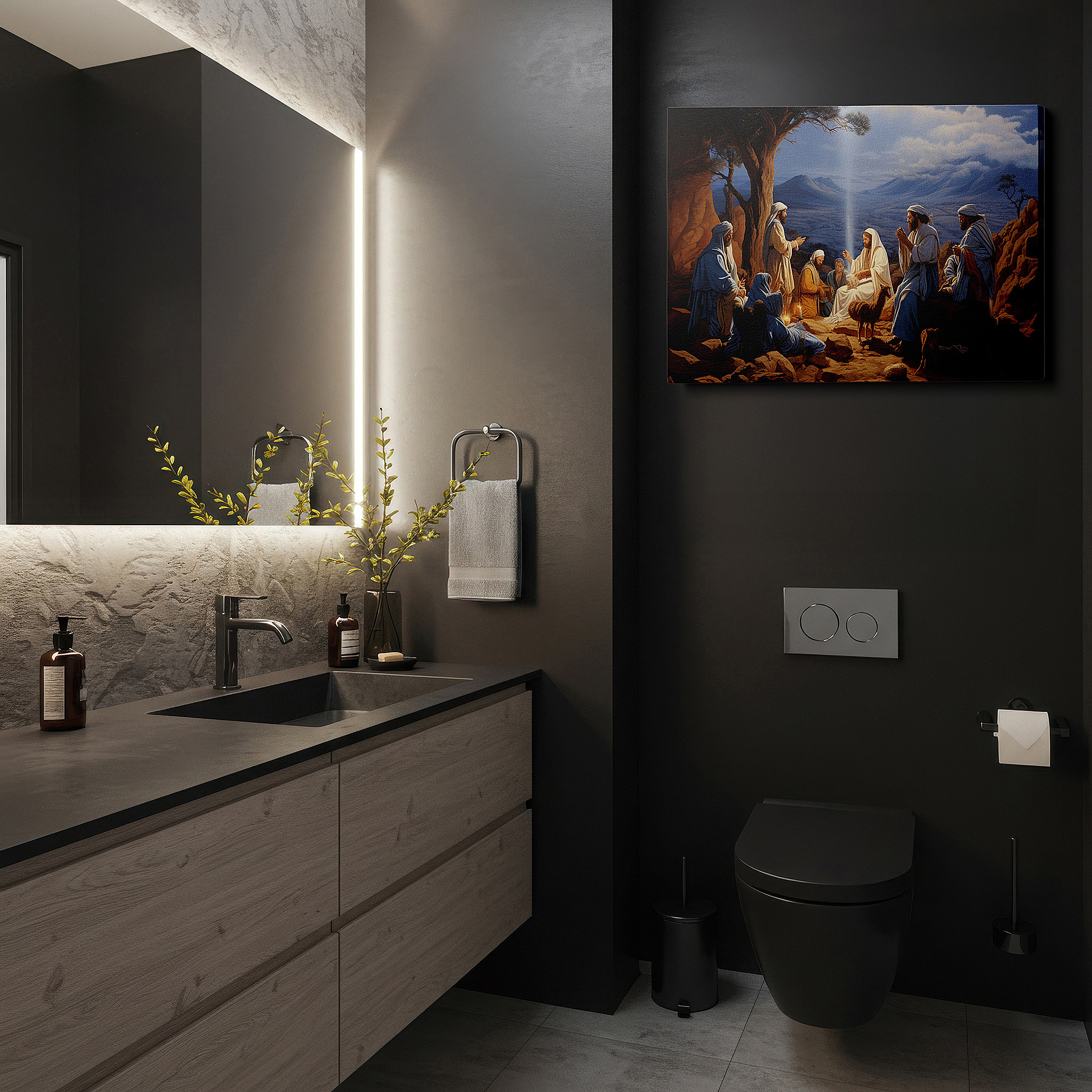 Back view reveals professional finishing and solid wood frame — wall art: serene gathering around a wise figure, capturing a moment of spiritual awakening and collective harmony - large canvas wall art decor