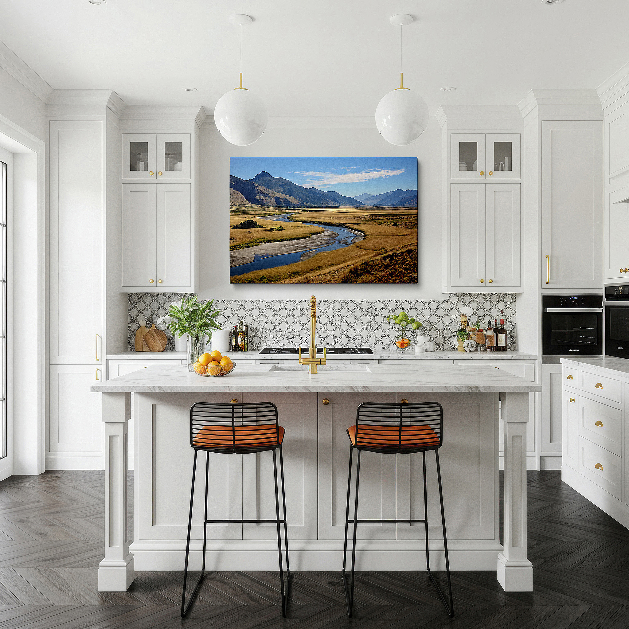 Back view reveals professional finishing and solid wood frame — wall art: serene landscapes of verdant fields and grand mountains beneath a glowing sky - large canvas wall art for home and office decor, perfect for living room and bedroom