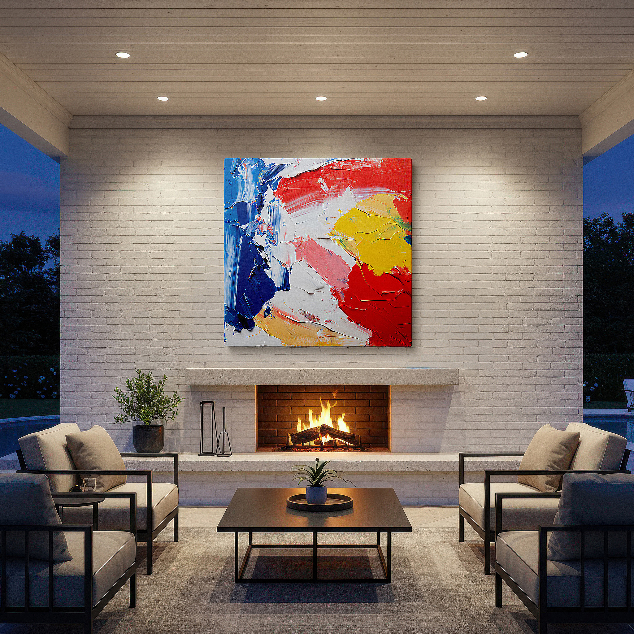 Back view reveals professional finishing and solid wood frame — wall art: a vivid emotional spectrum. bold, textured strokes of red, blue, yellow, and white sweep across the canvas. large wall art, canvas wall art, wall art decor.