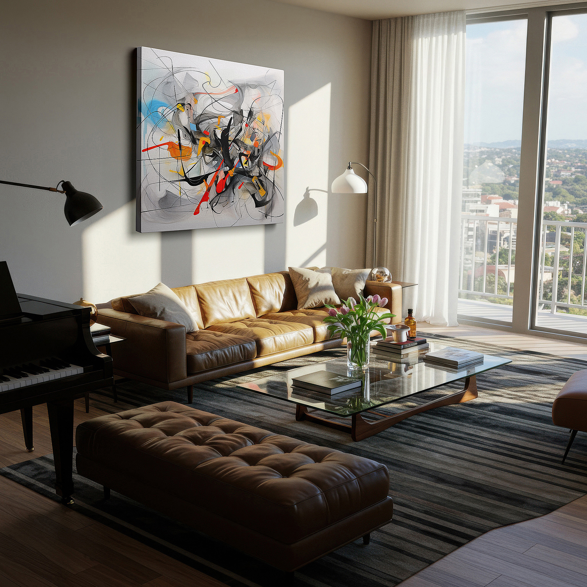 Balanced between two tall indoor plants near a window — abstract design symphony: colorful and dynamic large wall art for offices, bedrooms, and living rooms