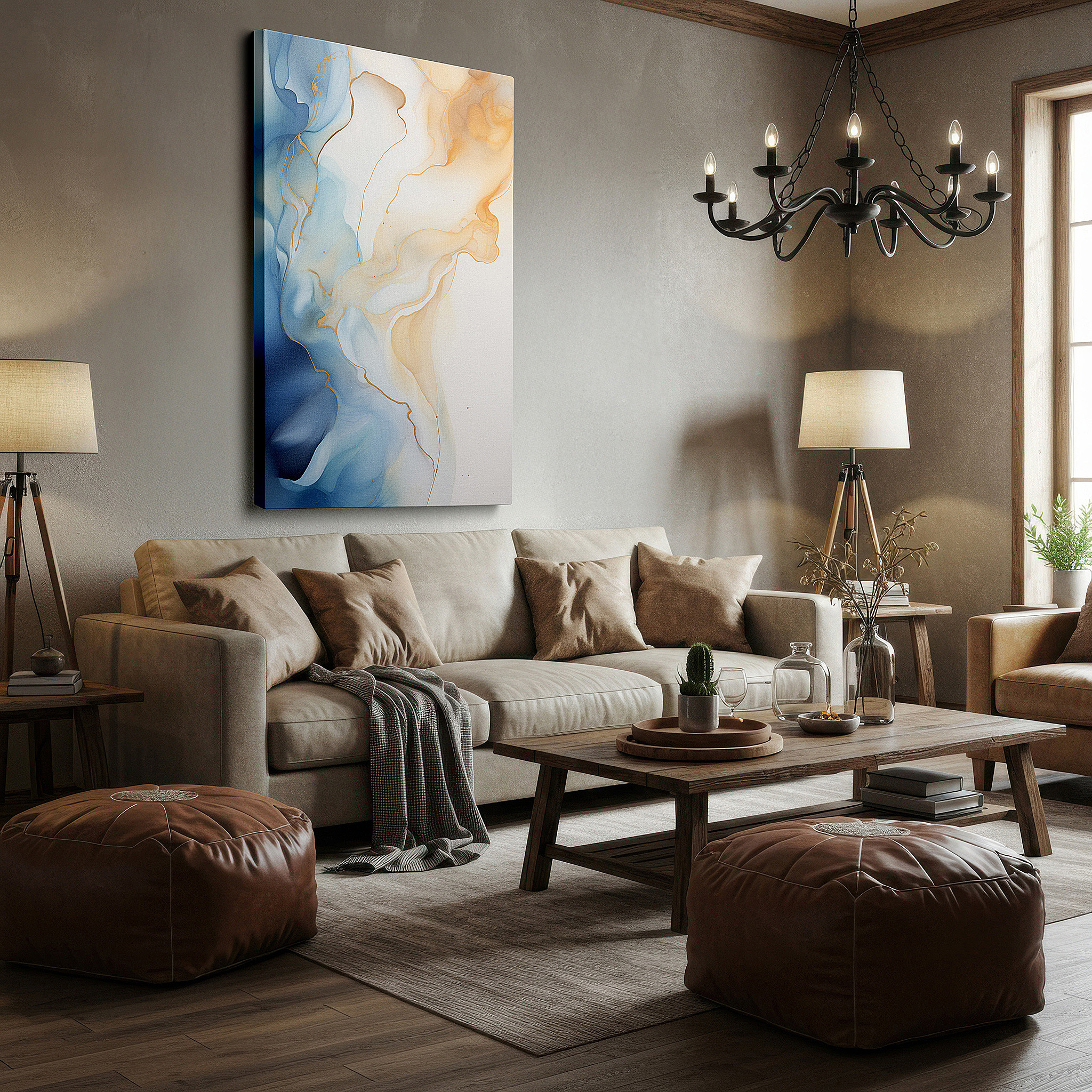 Balanced between two tall indoor plants near a window — blue and gold symphony of serenity: a visual journey of emotion and elegance - large canvas wall art for office decor