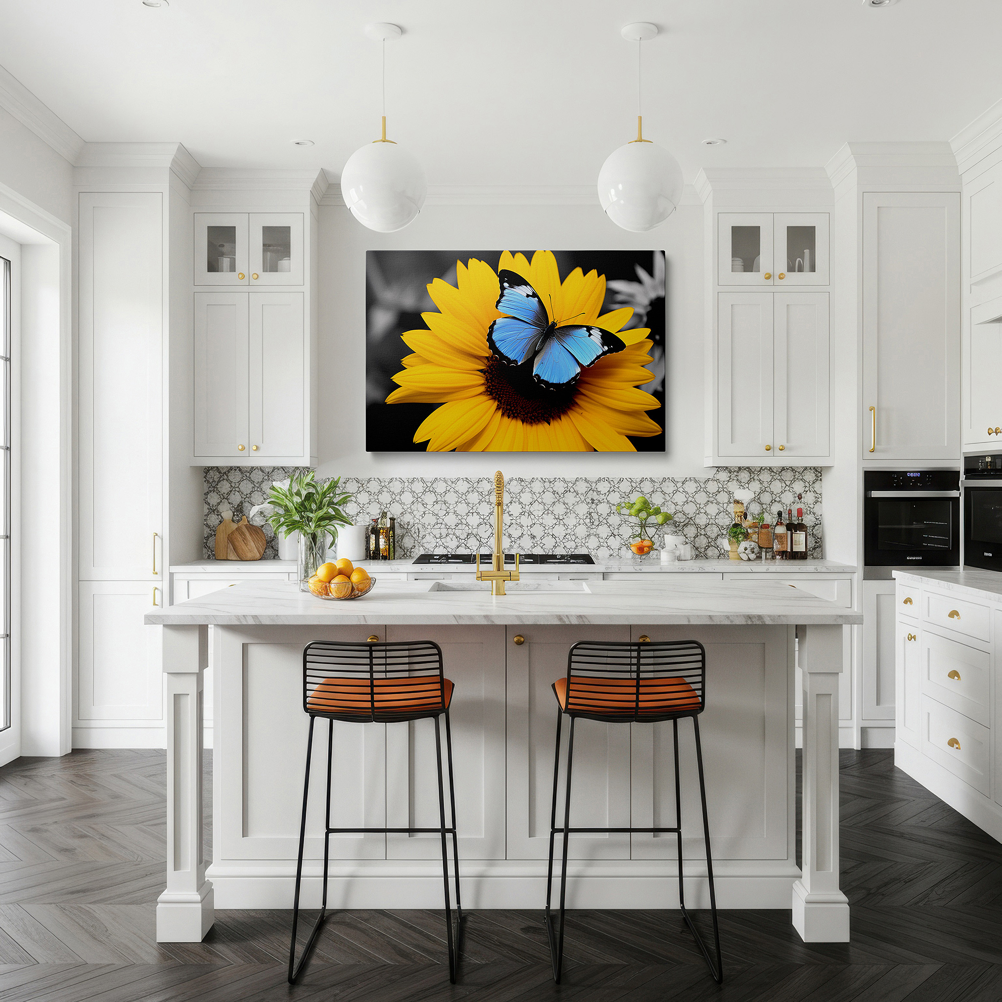 Balanced between two tall indoor plants near a window — bright yellow sunflower with vivid blue butterfly, tranquil and vibrant large wall art, canvas wall art, wall decor for office and bedroom