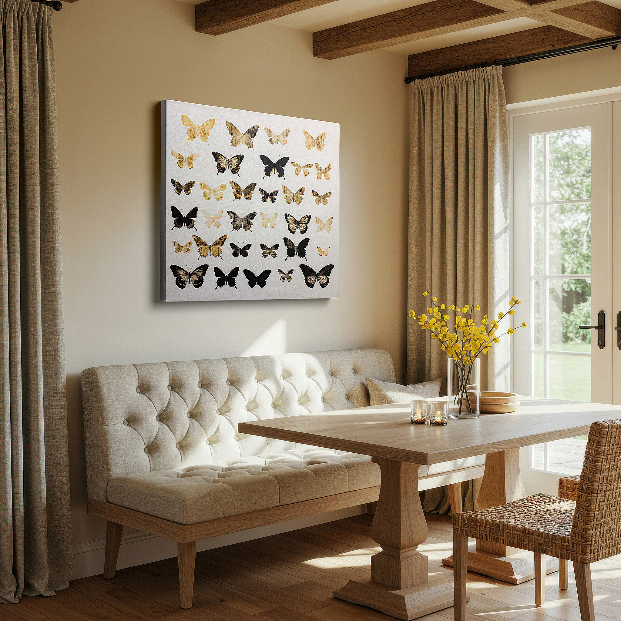 Balanced between two tall indoor plants near a window — butterfly symphony wall art: celebrating the vibrant intricacies of nature - large canvas for home and office decor