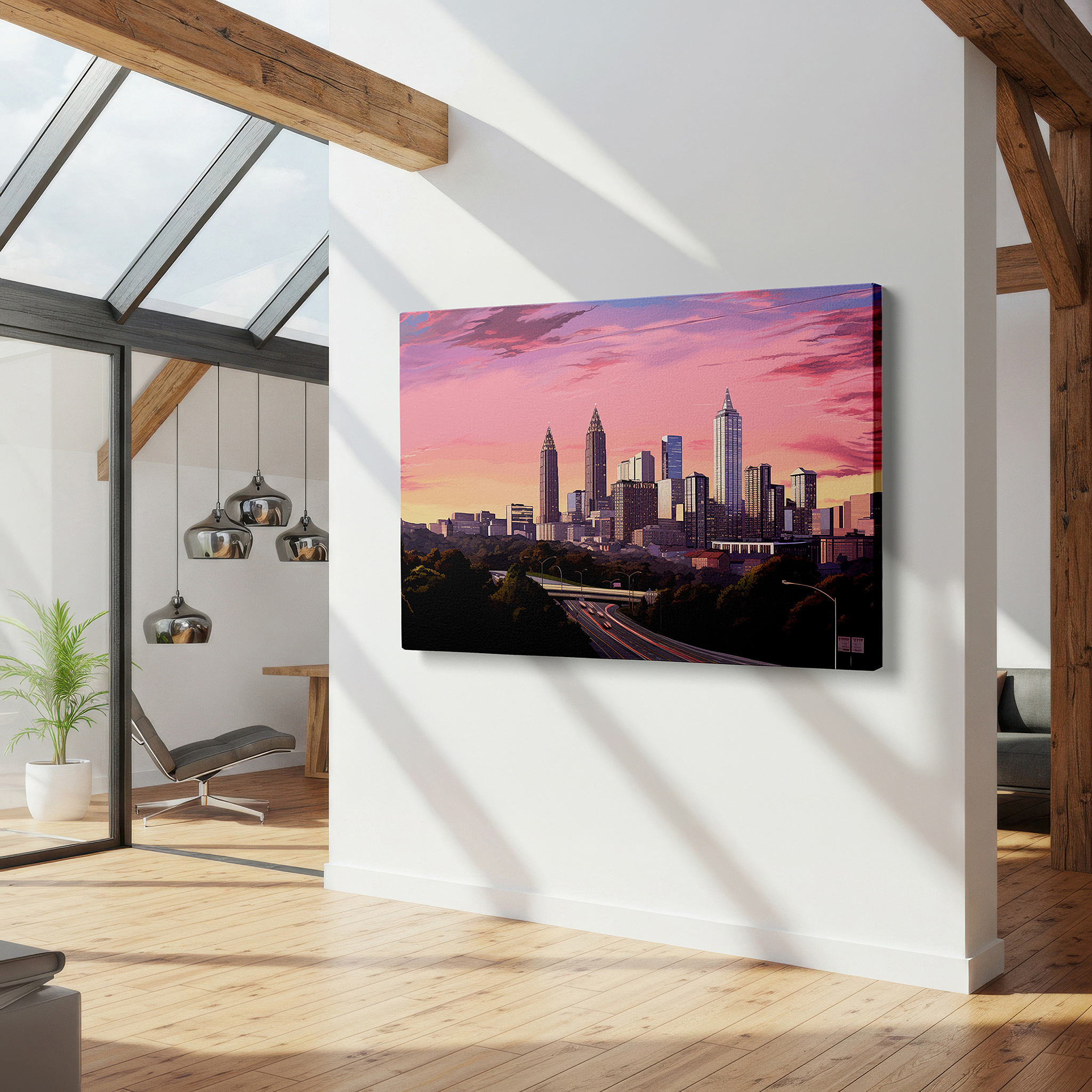 Balanced between two tall indoor plants near a window — city skyline at dusk: a vivid display of urban energy and transition - large wall art, canvas wall art, wall decor for office and bedroom