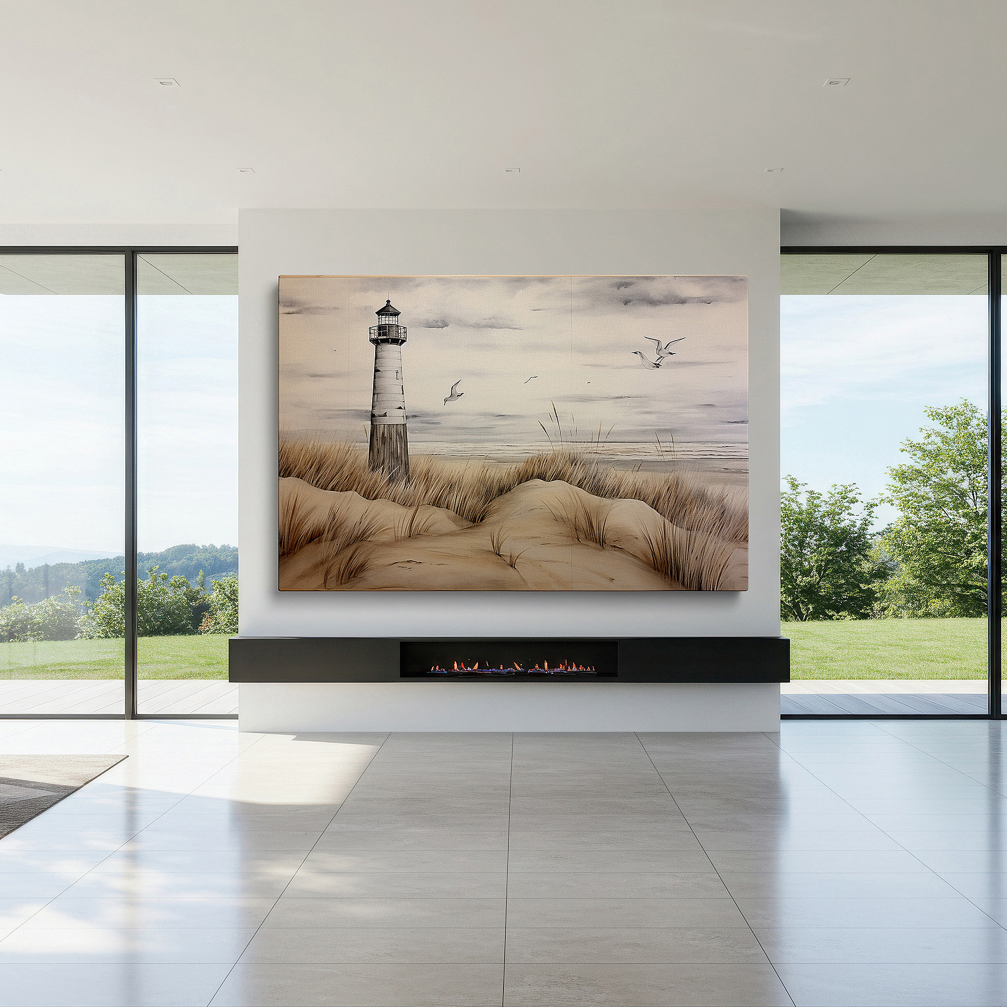 Balanced between two tall indoor plants near a window — coastal serenity: lighthouse, sandy dunes, and soft waves - large canvas wall art for home and office decor