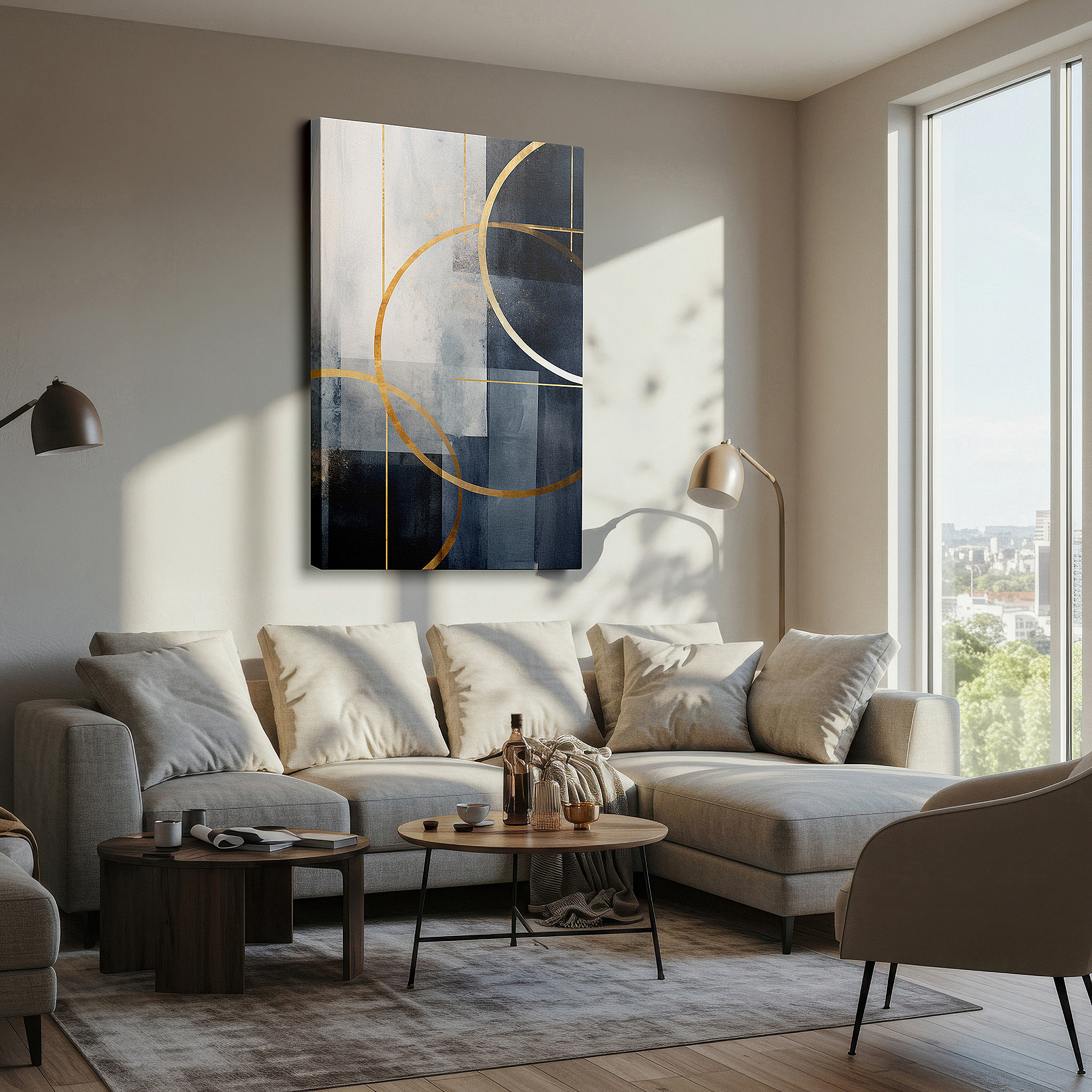 Balanced between two tall indoor plants near a window — contemporary chic: geometric wall art in black, white, and gold - large canvas for office, bedroom, or living room decor