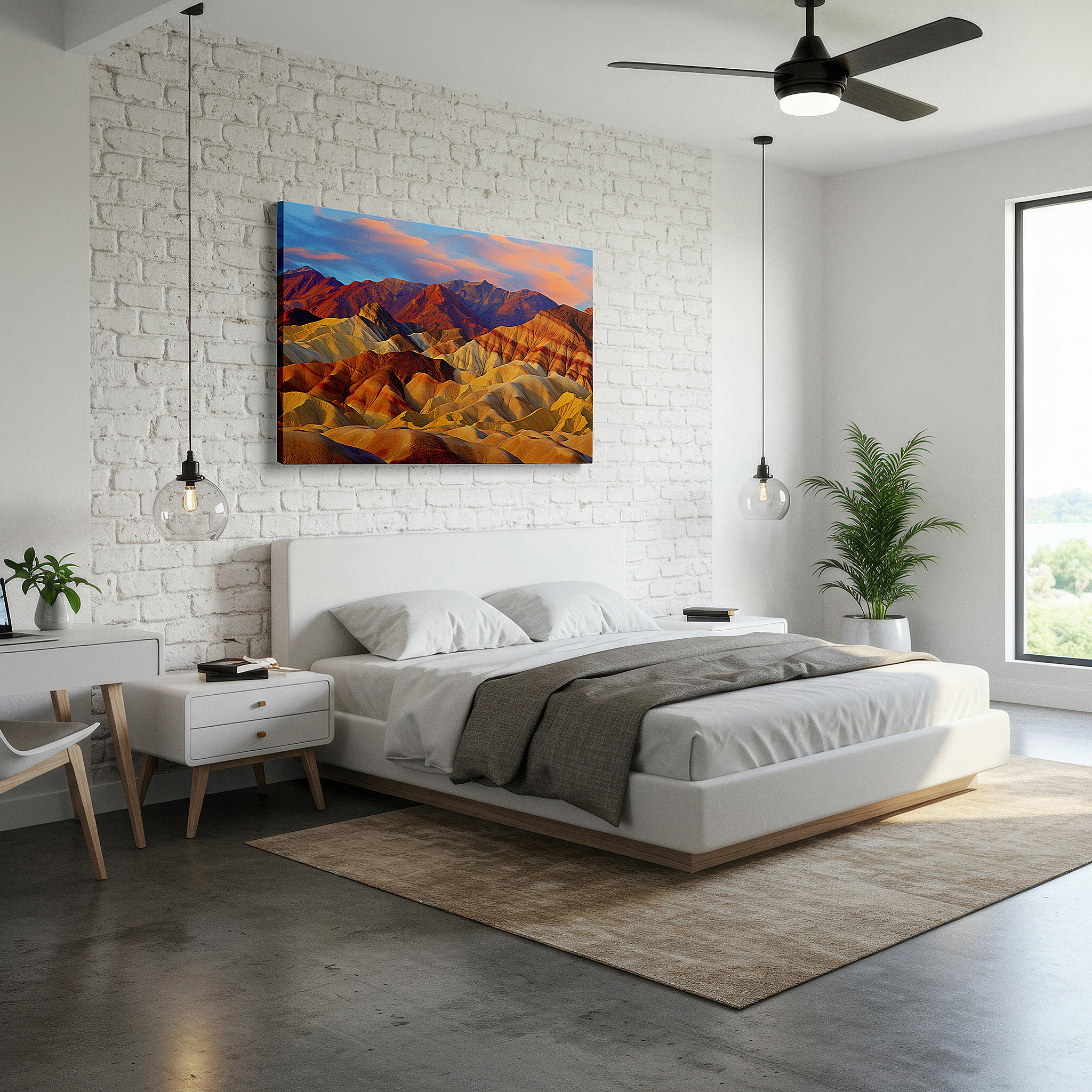 Balanced between two tall indoor plants near a window — desert twilight embrace - stunning landscape with rolling hills and majestic mountains, large canvas wall art decor