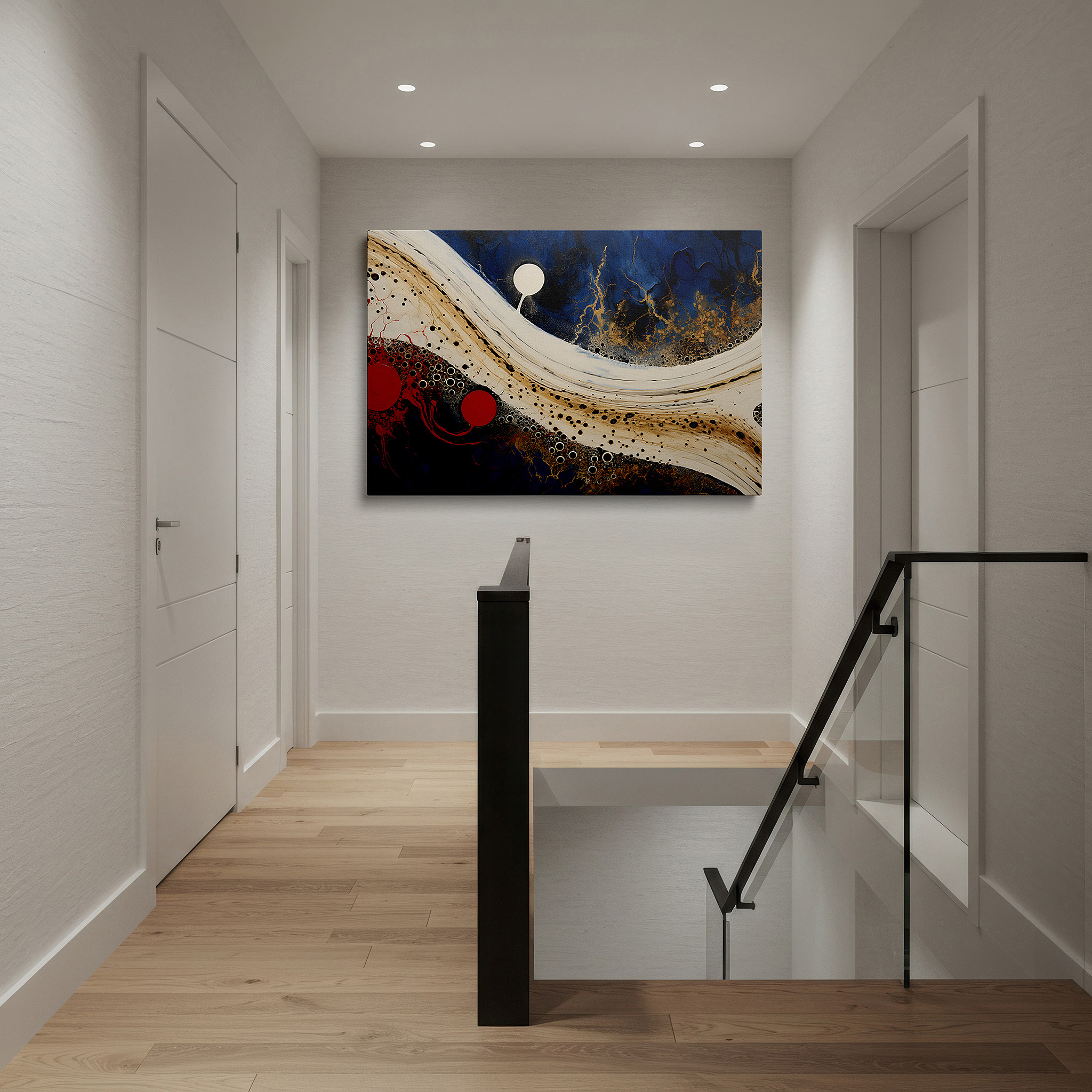 Balanced between two tall indoor plants near a window — dynamic abstract exploration of the human psyche in red, black, and blue: large canvas wall art for office and bedroom decor