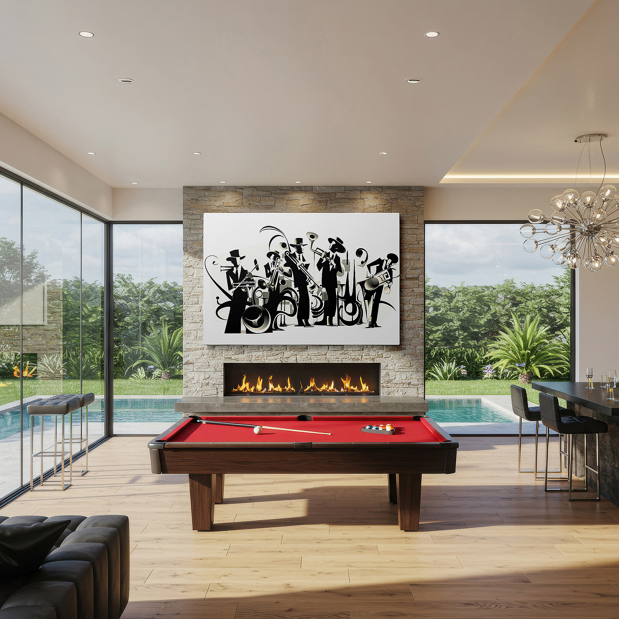 Balanced between two tall indoor plants near a window — dynamic jazz band canvas art: live music essence in vibrant colors and abstract design, perfect for large wall spaces