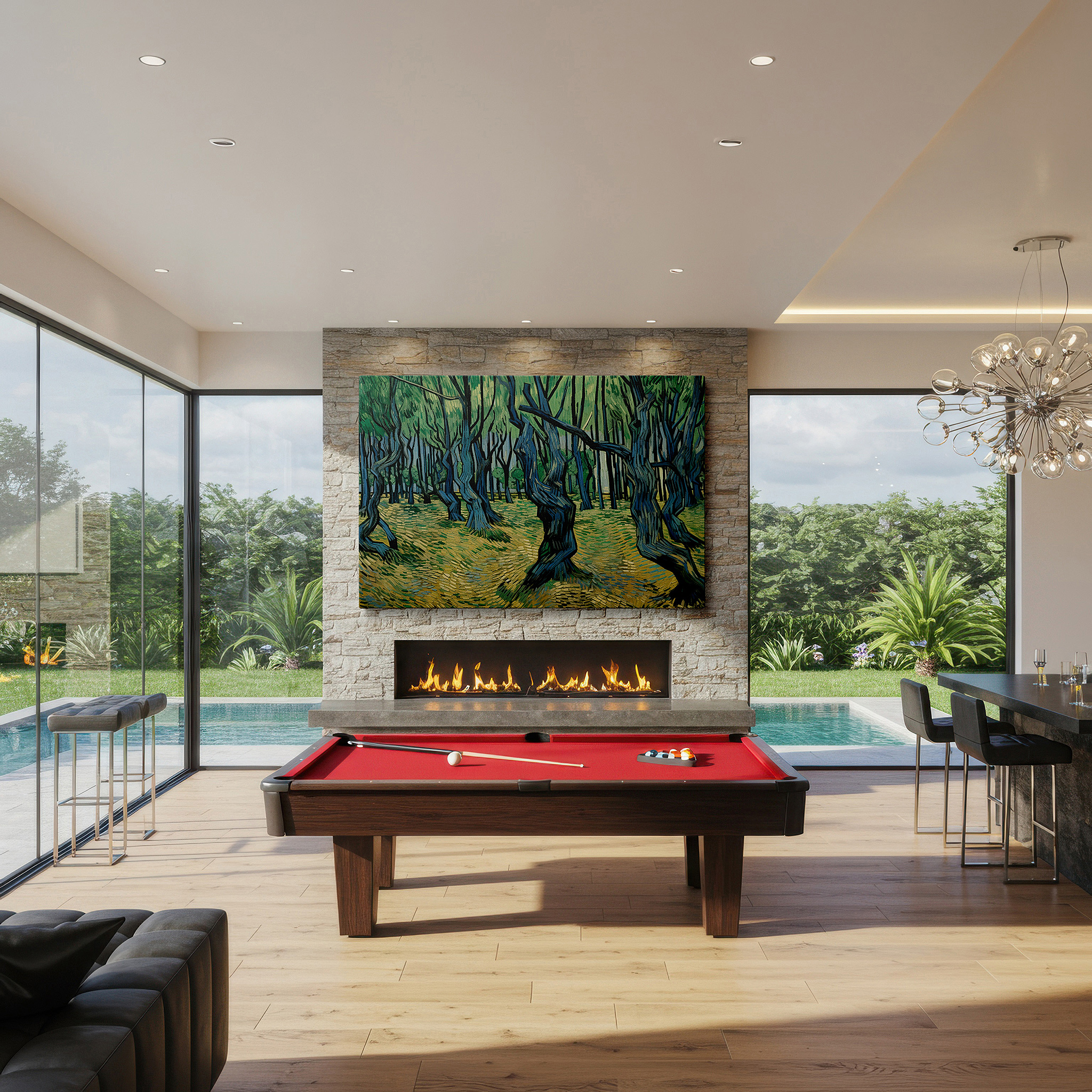 Balanced between two tall indoor plants near a window — dynamic nature's palette: twisting trees and luminous hues - large canvas wall art for office, bedroom, and living room decor