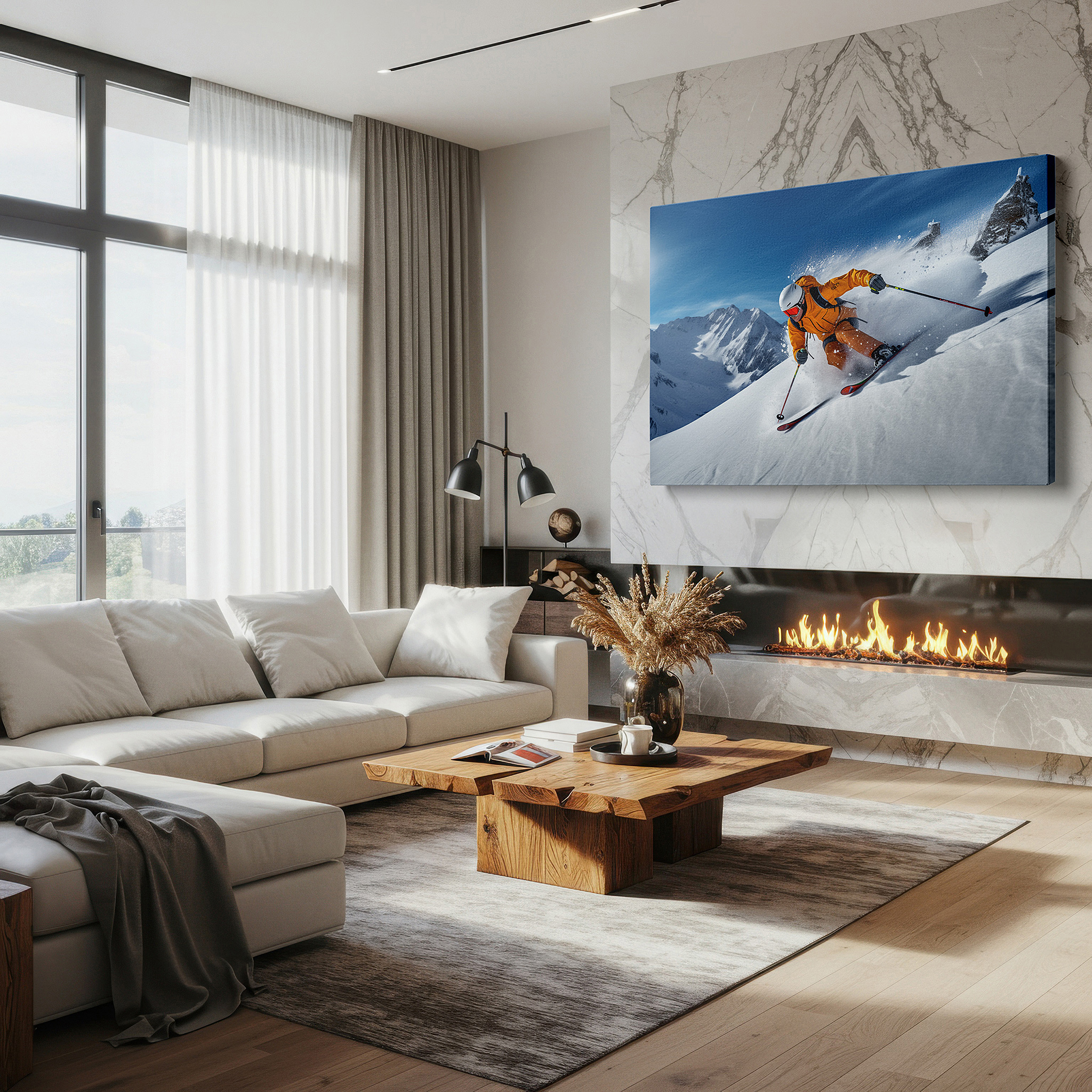 Balanced between two tall indoor plants near a window — dynamic skier in orange against pristine snow and majestic peaks - large canvas wall art for office and bedroom decor
