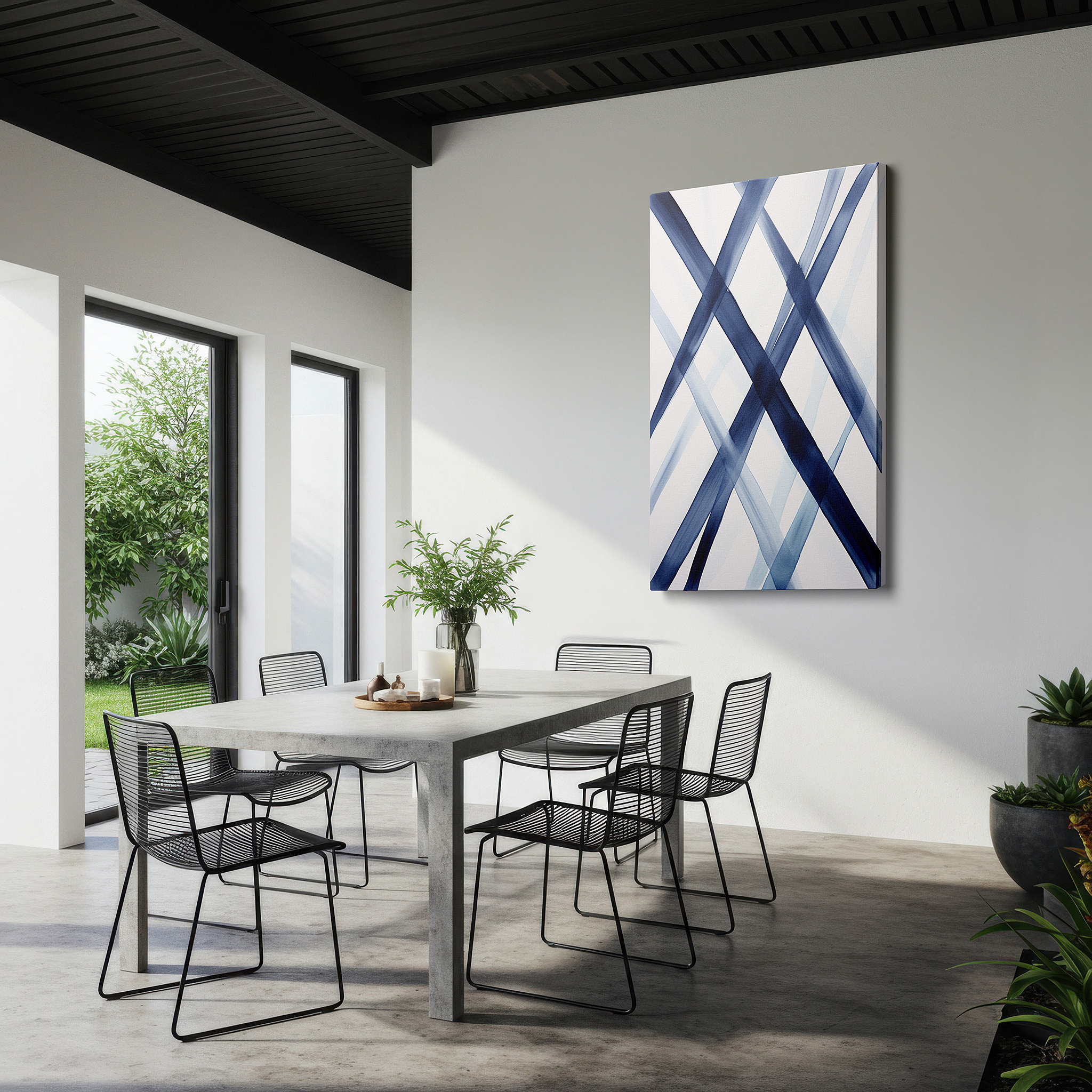 Balanced between two tall indoor plants near a window — elegant abstract art featuring rich blue shades and bold diagonal lines - large canvas wall decor for office and bedroom