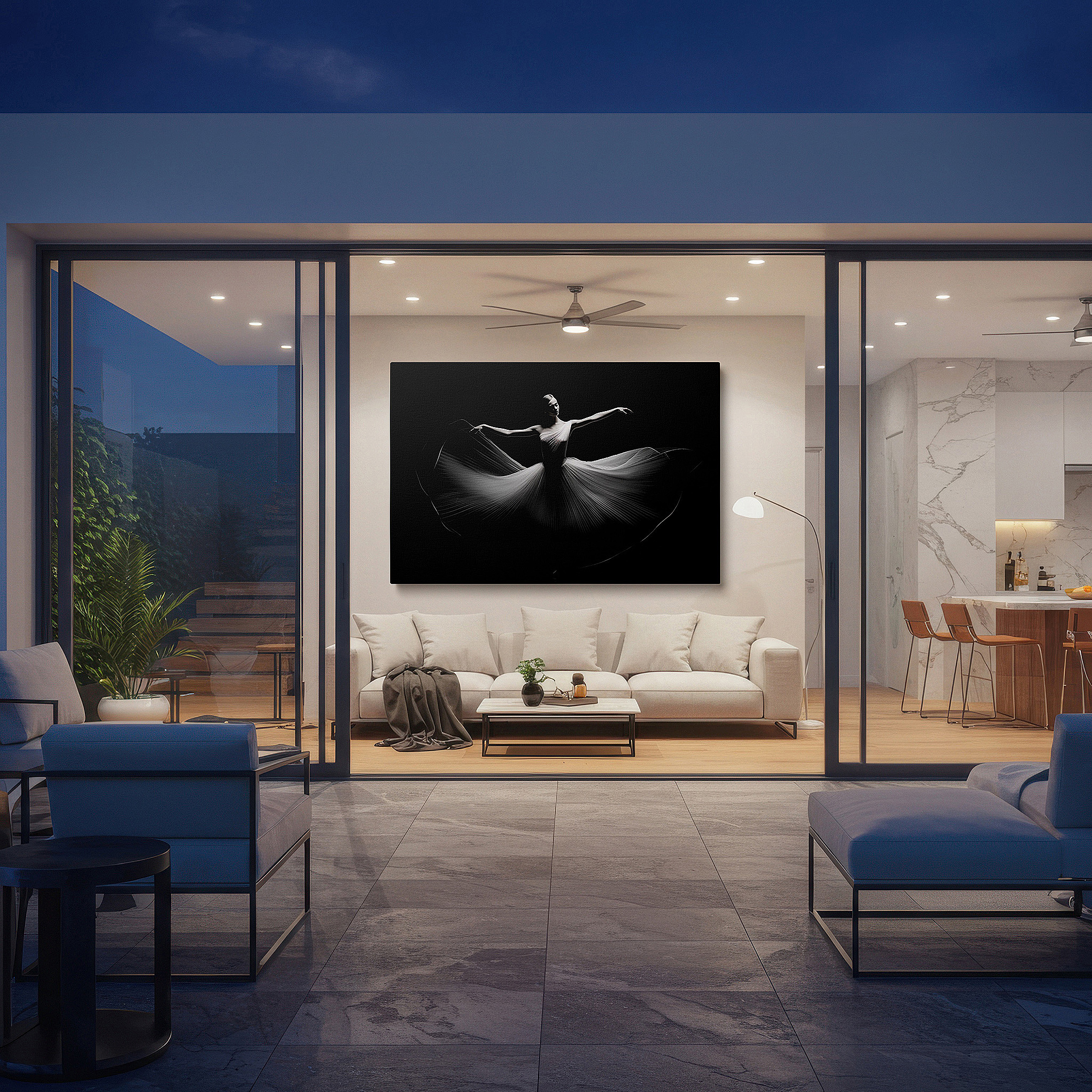 Balanced between two tall indoor plants near a window — elegant dancer in motion: a symphony of fabric and light on a stark black background - large wall art, canvas wall art, wall decor