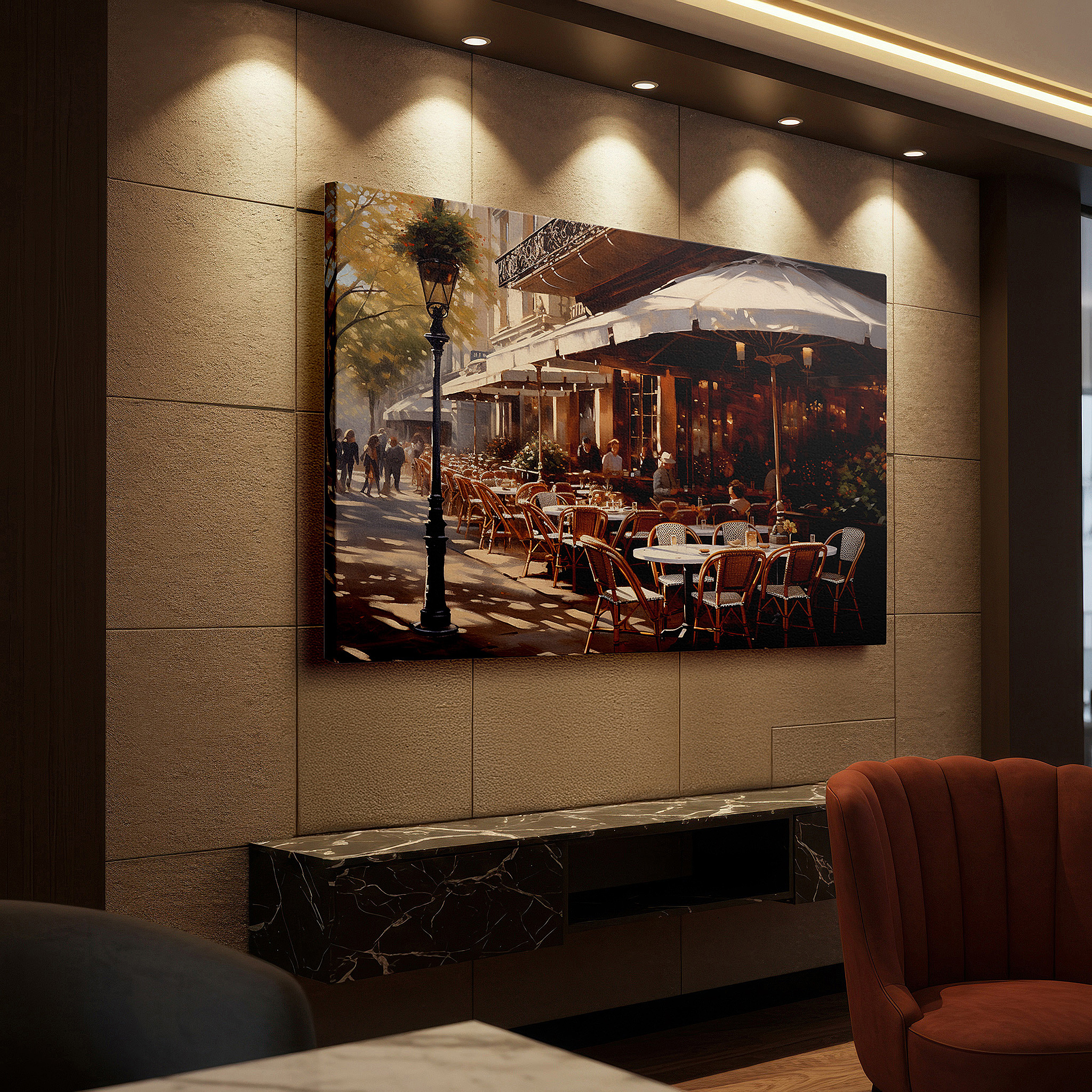 Balanced between two tall indoor plants near a window — elegant parisian café wall art - tranquil urban oasis with lush greenery for office, bedroom, and home decor