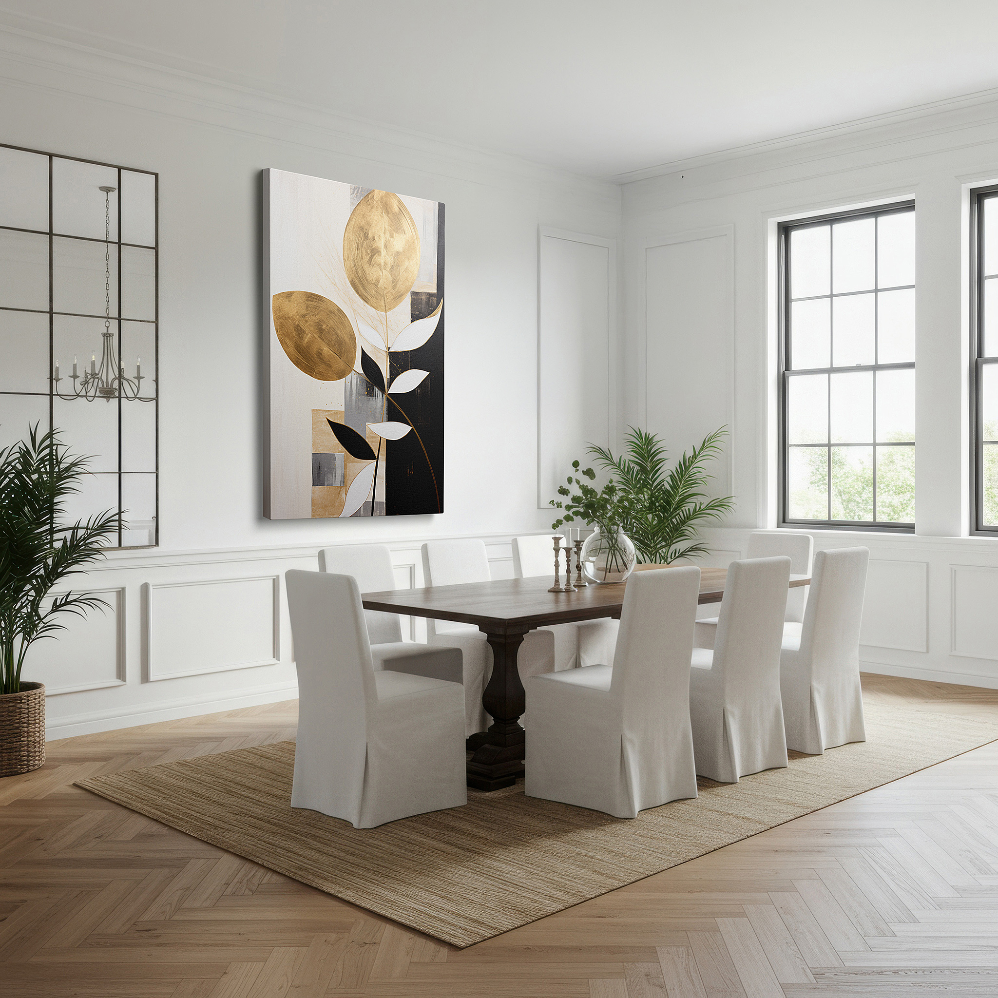 Balanced between two tall indoor plants near a window — elegant wall art featuring golden leaves and geometric designs on a black and white background, large canvas wall art for home and office decor