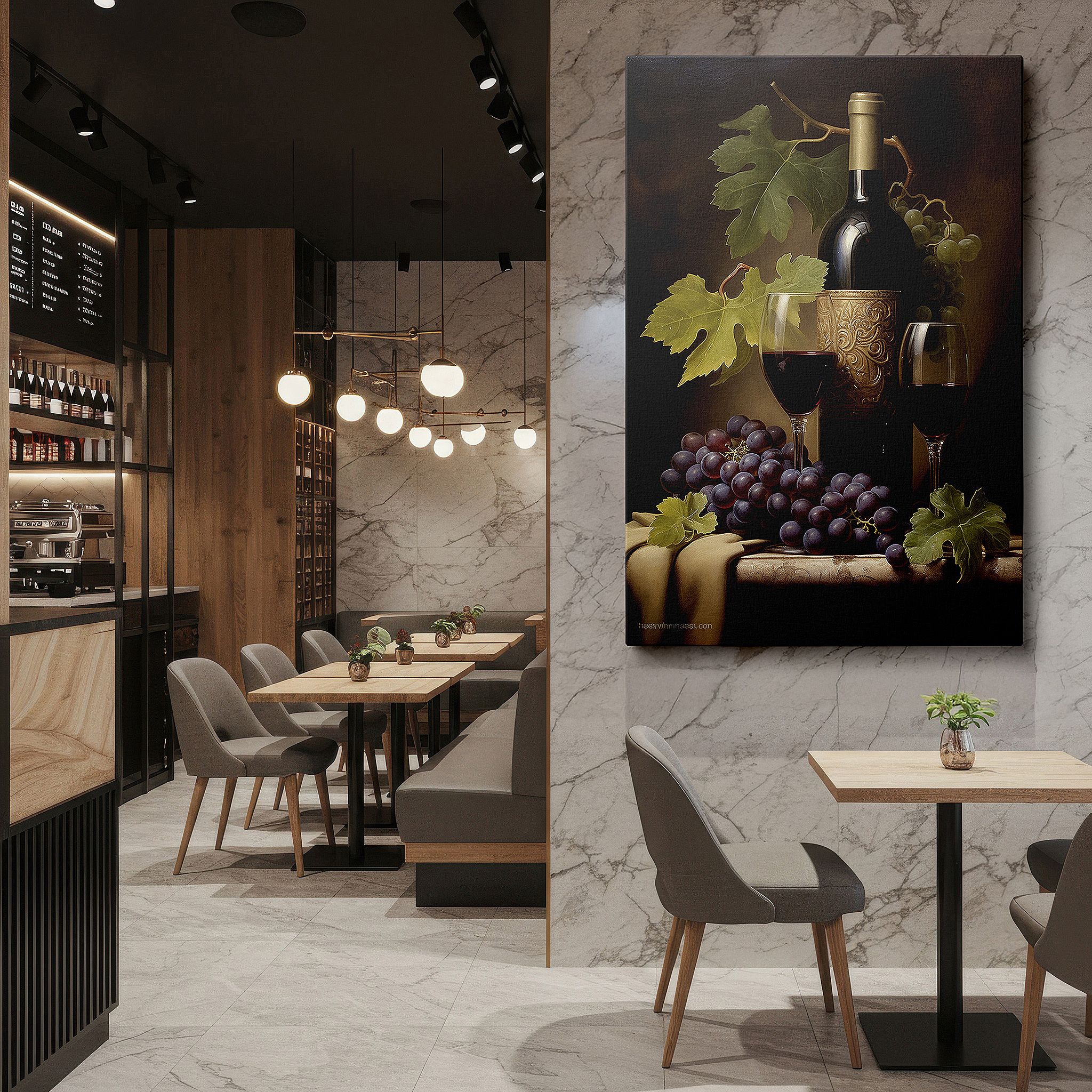 Balanced between two tall indoor plants near a window — elegant wine tasting evening wall art featuring red wine, glasses, and ripe grapes - large canvas art for home and office decor, perfect for living room and bedroom