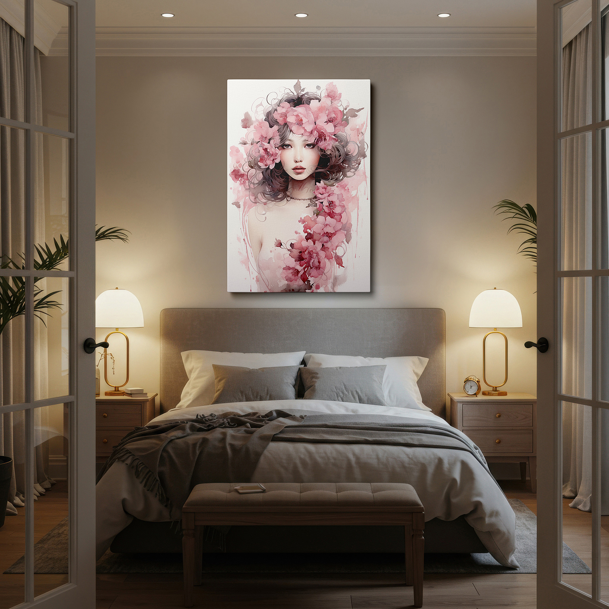 Balanced between two tall indoor plants near a window — elegant woman adorned with pink floral crown, silky hair cascading like a waterfall - large canvas wall art for office and bedroom decor
