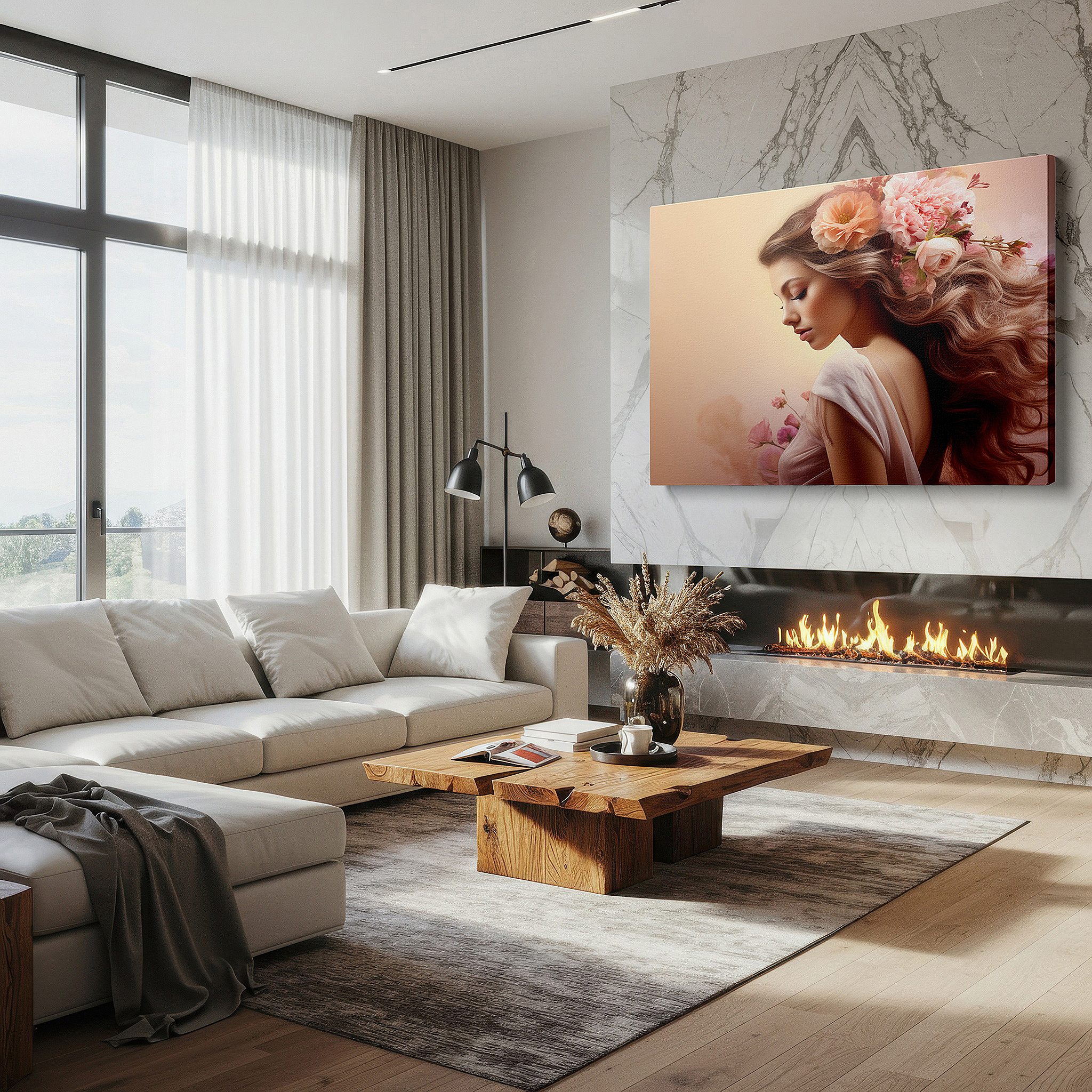 Balanced between two tall indoor plants near a window — enchanted garden of tranquility: a serene portrait of feminine grace and ethereal beauty - large canvas wall art for home and office decor