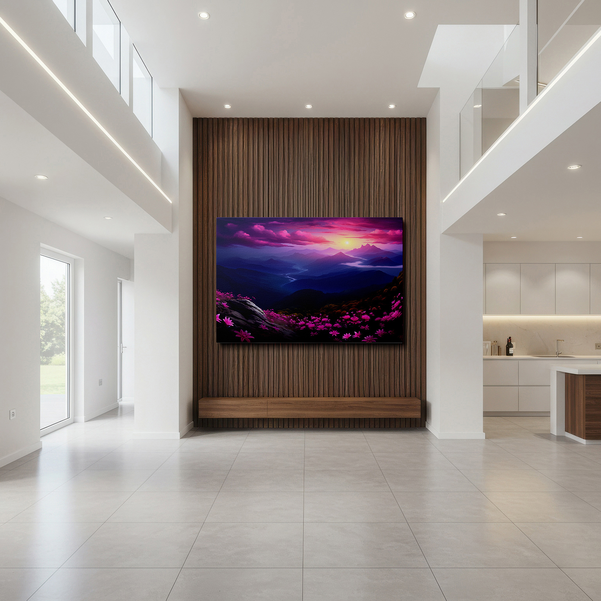 Balanced between two tall indoor plants near a window — enchanting floral landscape with stunning sunset - large canvas wall art for home and office decor