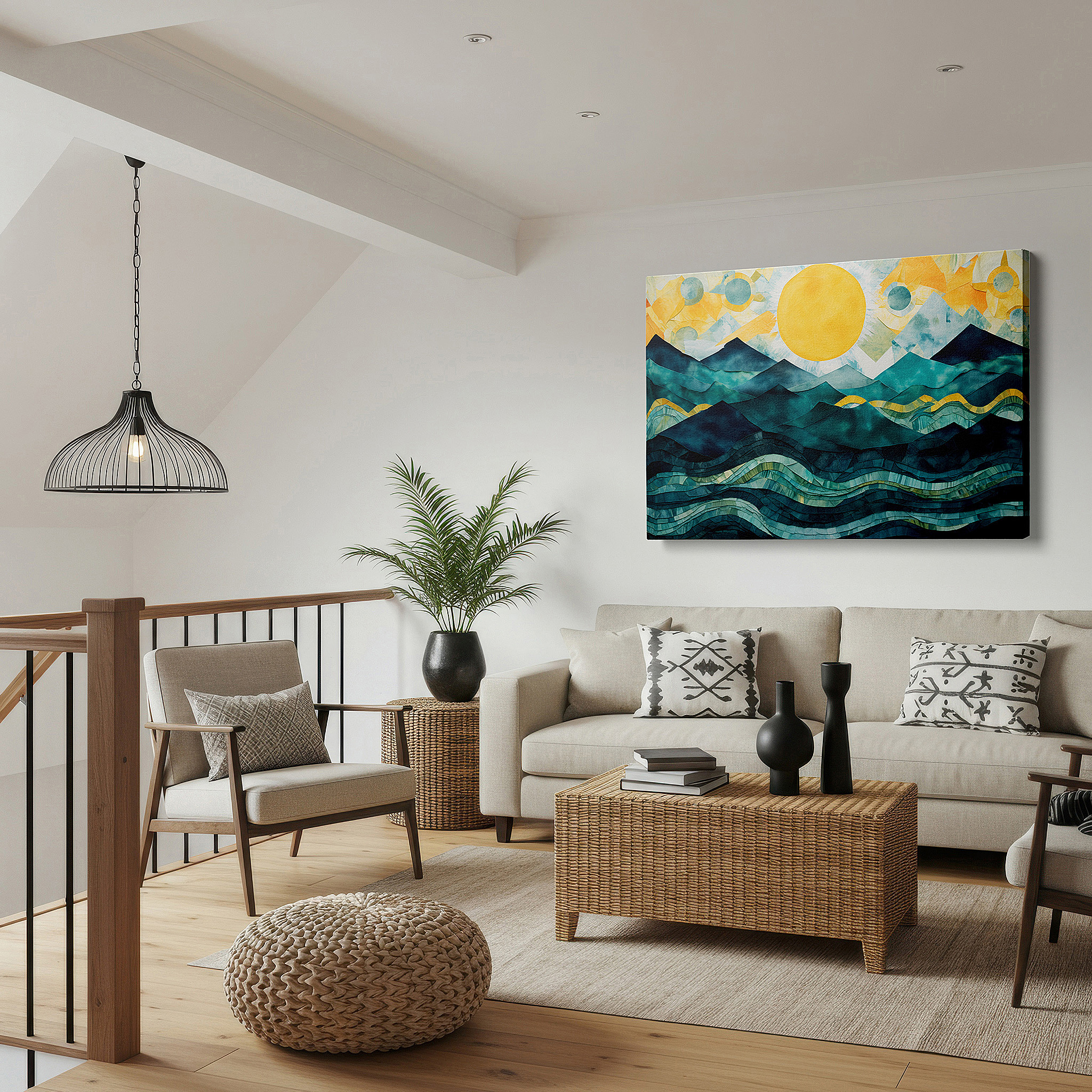 Balanced between two tall indoor plants near a window — enchanting seascape featuring gentle waves and majestic mountains beneath a radiant sun - large canvas wall art for office decor