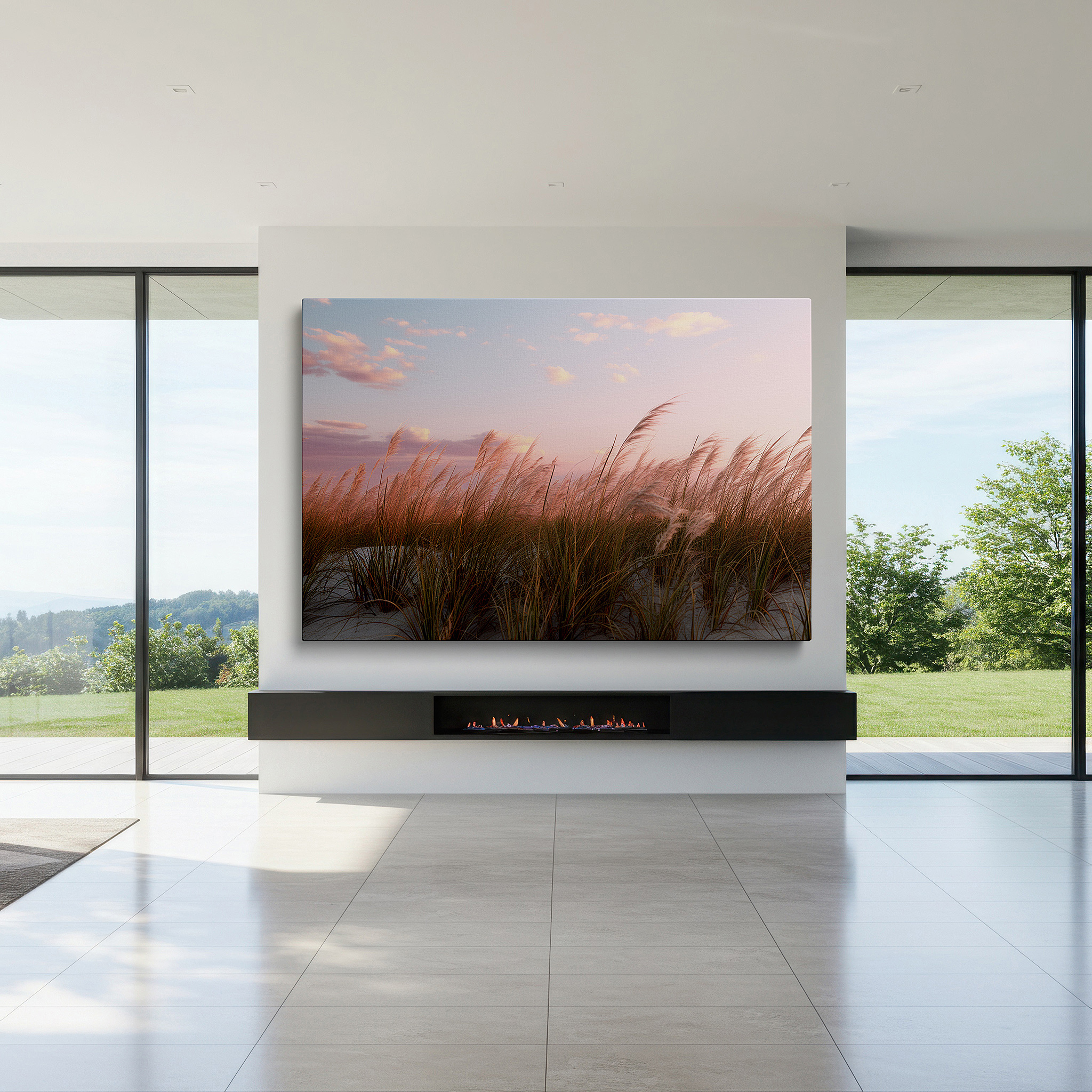 Balanced between two tall indoor plants near a window — evening serenity by the shore: pink sunset and swaying dune grass large wall art, canvas wall art, wall decor for office and bedroom