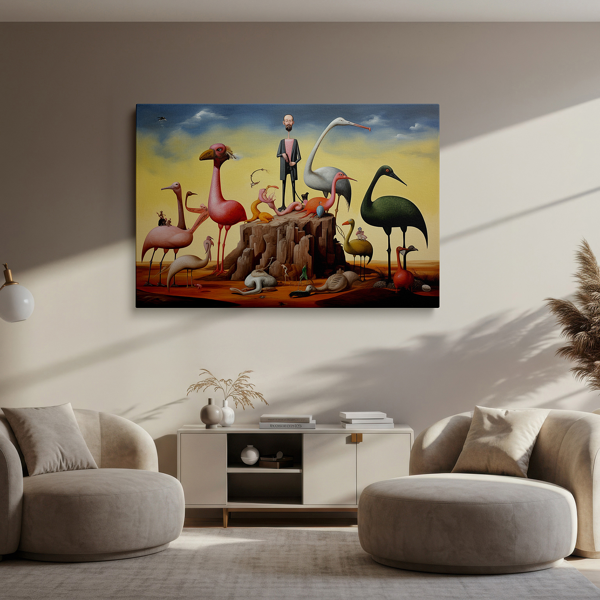 Balanced between two tall indoor plants near a window — flamingos in a surreal dreamscape: ethereal light and psyche visual narrative, large canvas wall art for home and office decor