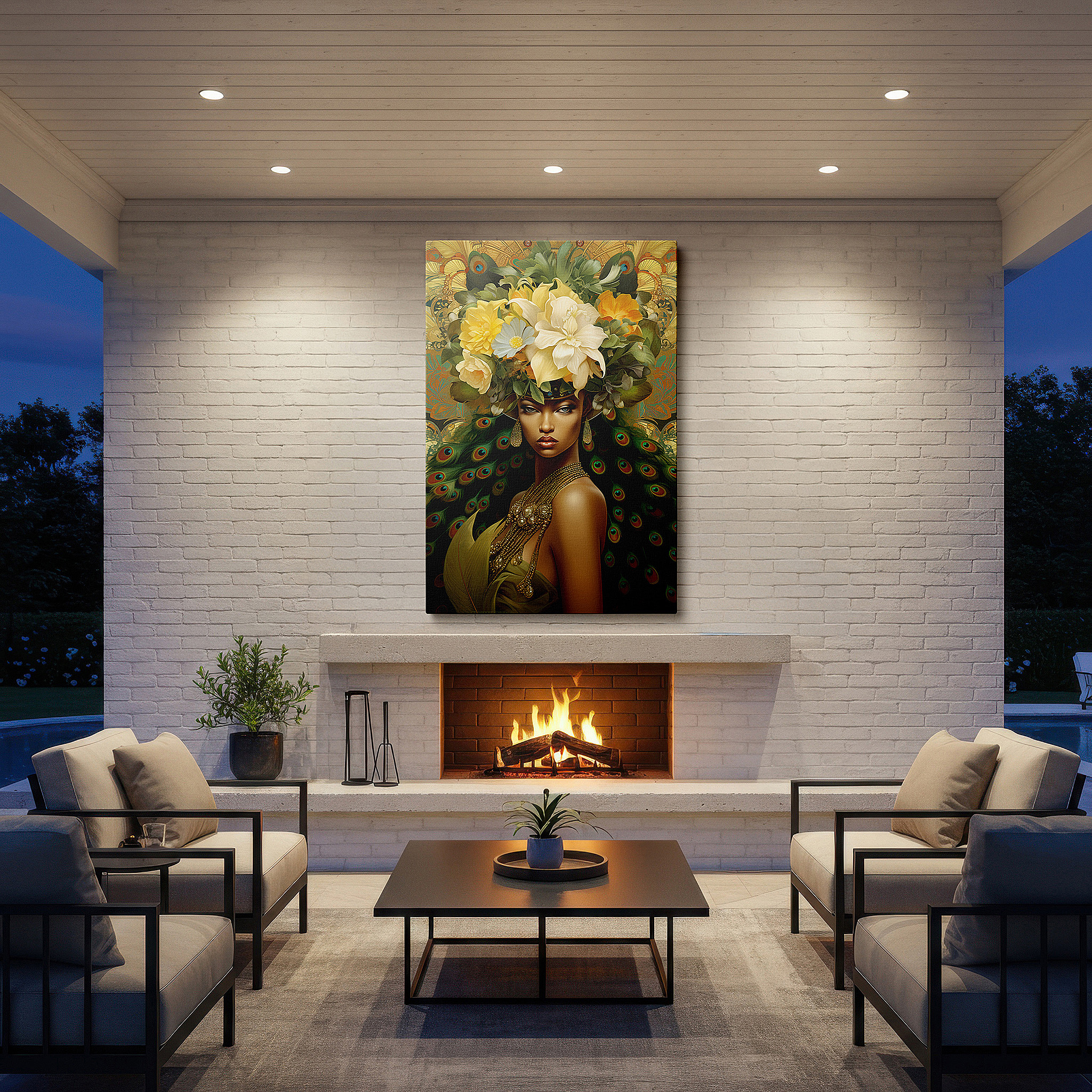 Balanced between two tall indoor plants near a window — floral crowned portrait emphasizing empowered femininity and nature's majesty - large canvas wall art for home and office decor