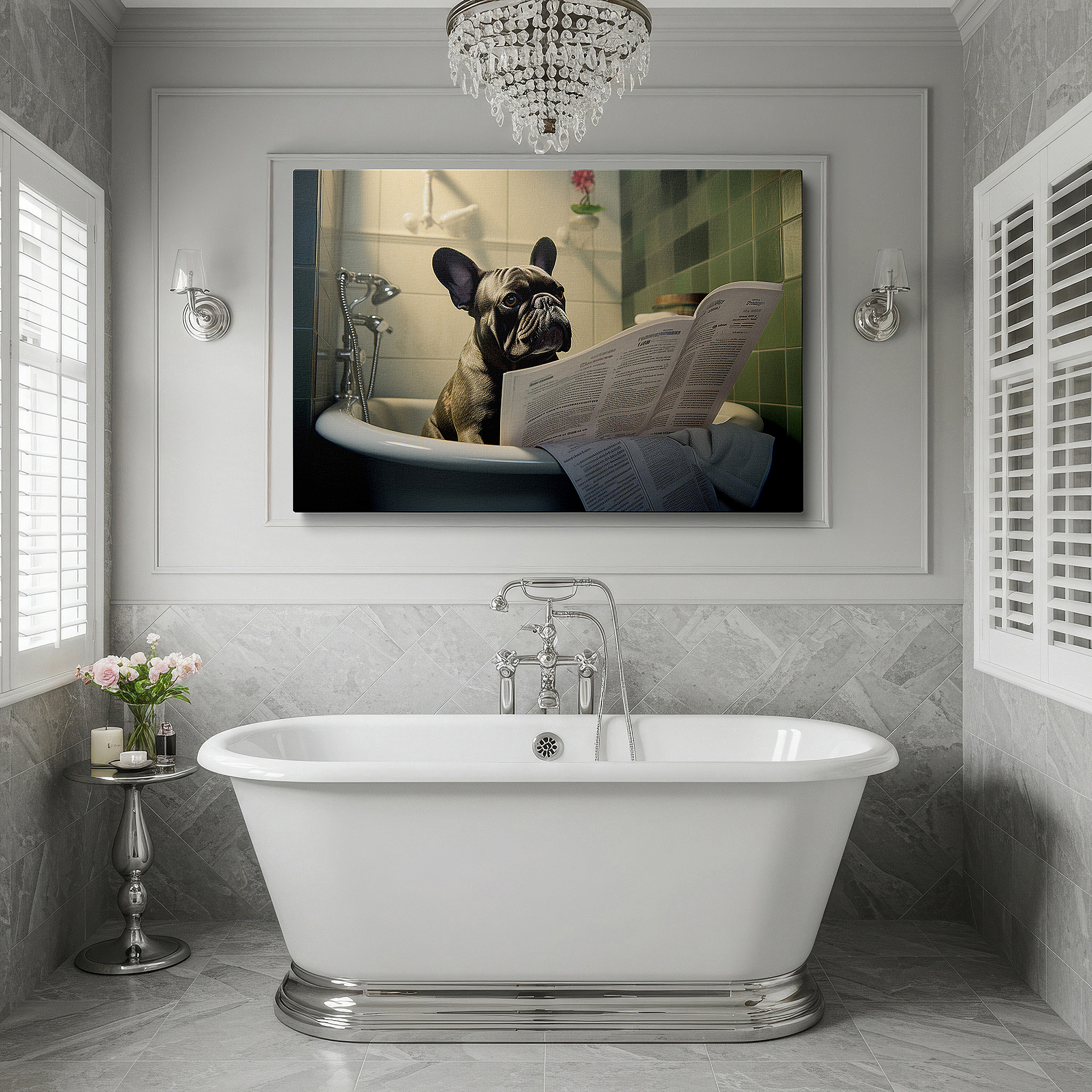 Balanced between two tall indoor plants near a window — french bulldog relishing a bath and reading the newspaper - large canvas wall art for office, bedroom, and living room decor