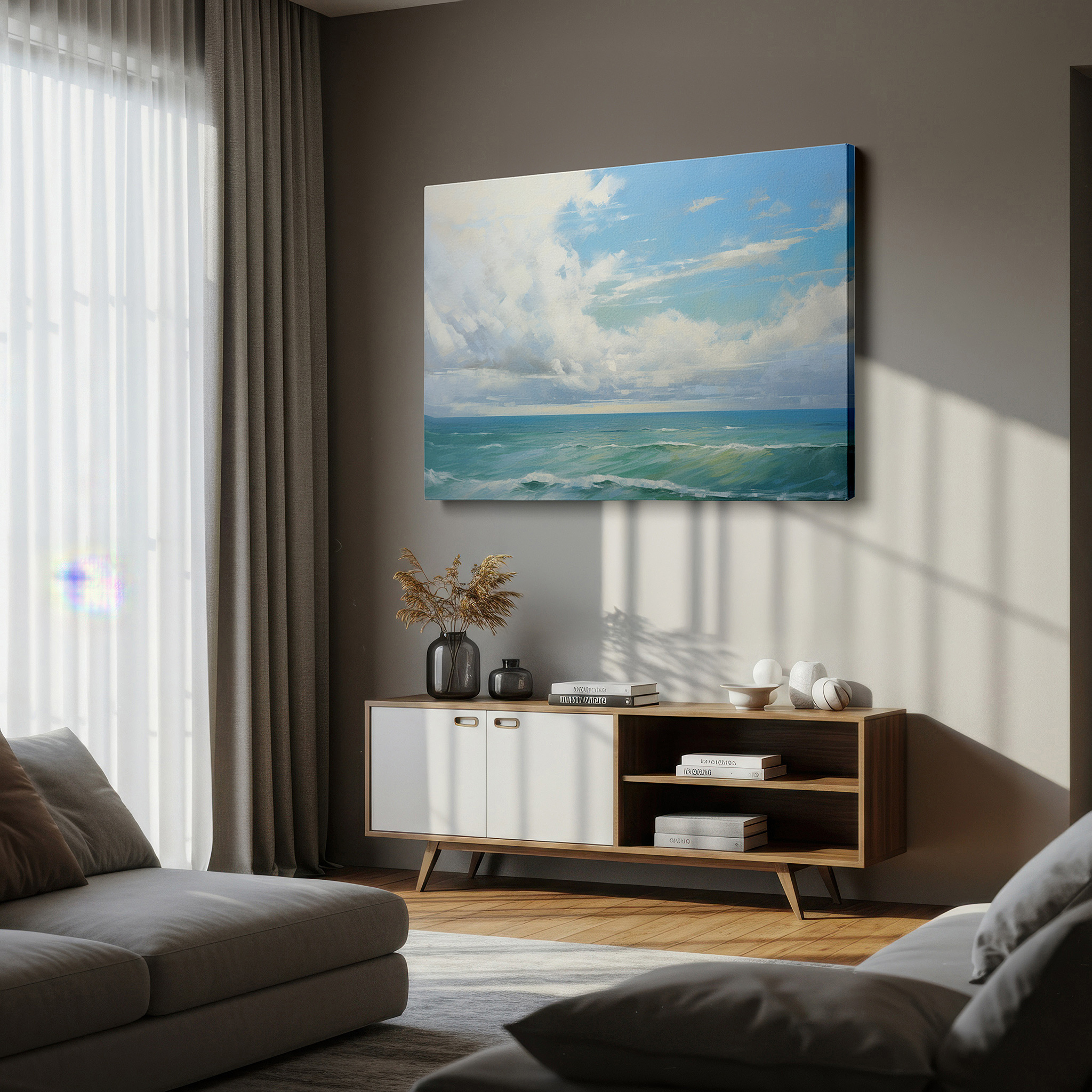 Balanced between two tall indoor plants near a window — gentle waves caressing the sandy shore beneath a radiant sky - large wall art, canvas wall art, wall decor for office, bedroom, and living room