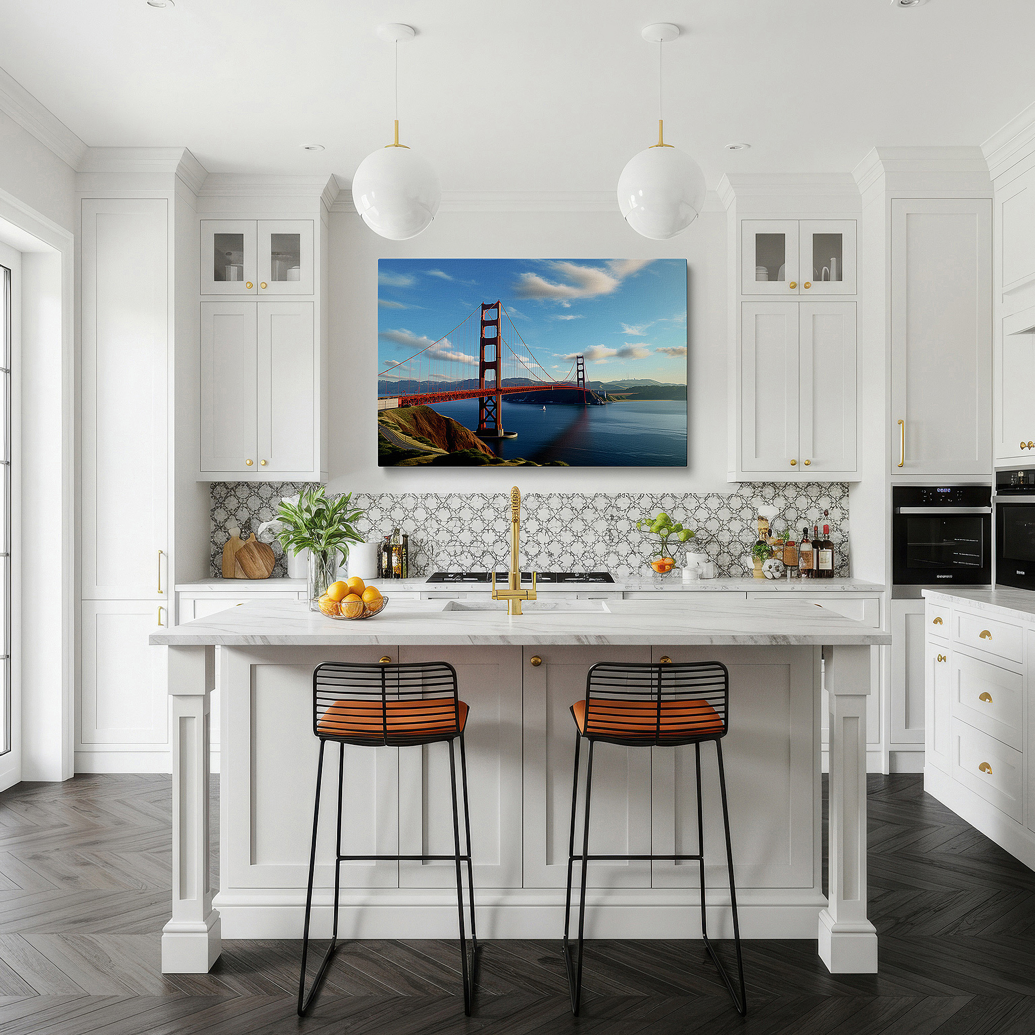 Balanced between two tall indoor plants near a window — golden gate bridge wall art: majestic scene with tranquil san francisco skies - large canvas for home and office decor, perfect for living room and bedroom