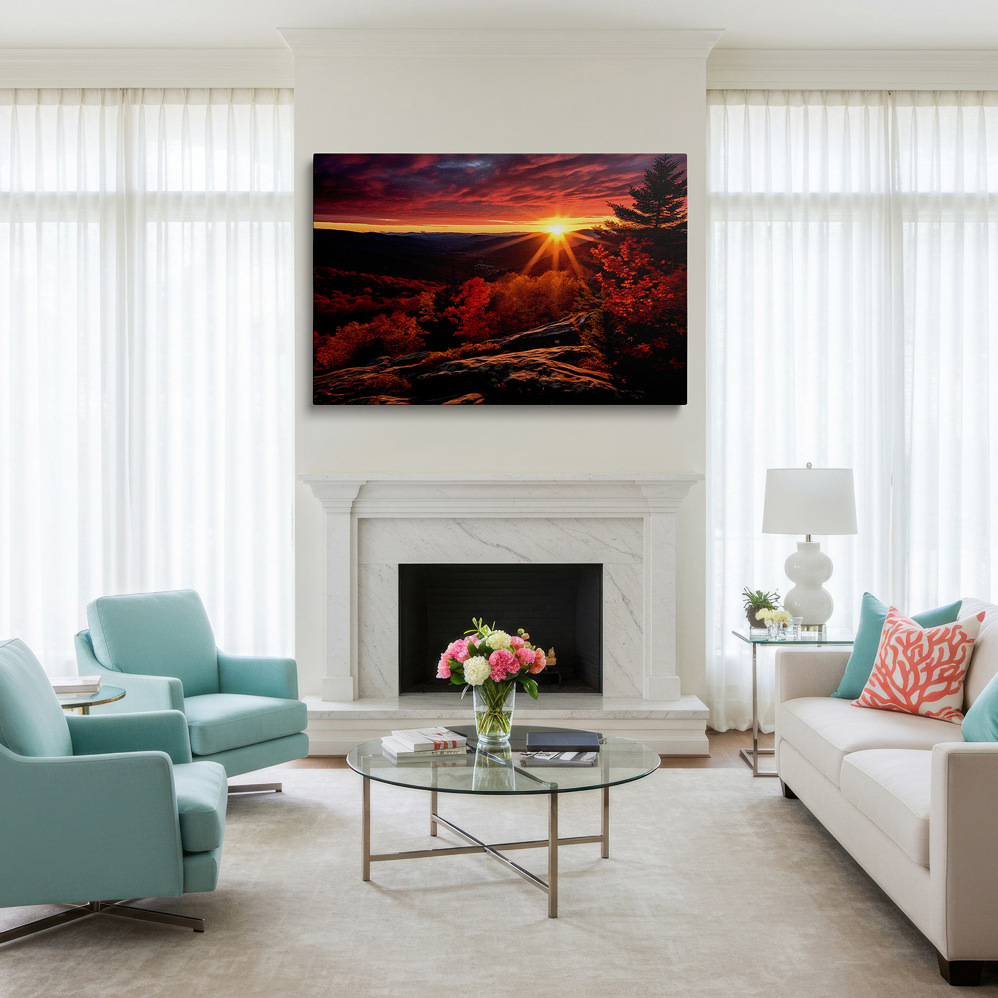 Balanced between two tall indoor plants near a window — golden hour sunset over majestic mountains amidst autumn's vibrant tapestry large wall art, canvas wall art, wall art decor, office wall art, bedroom wall art