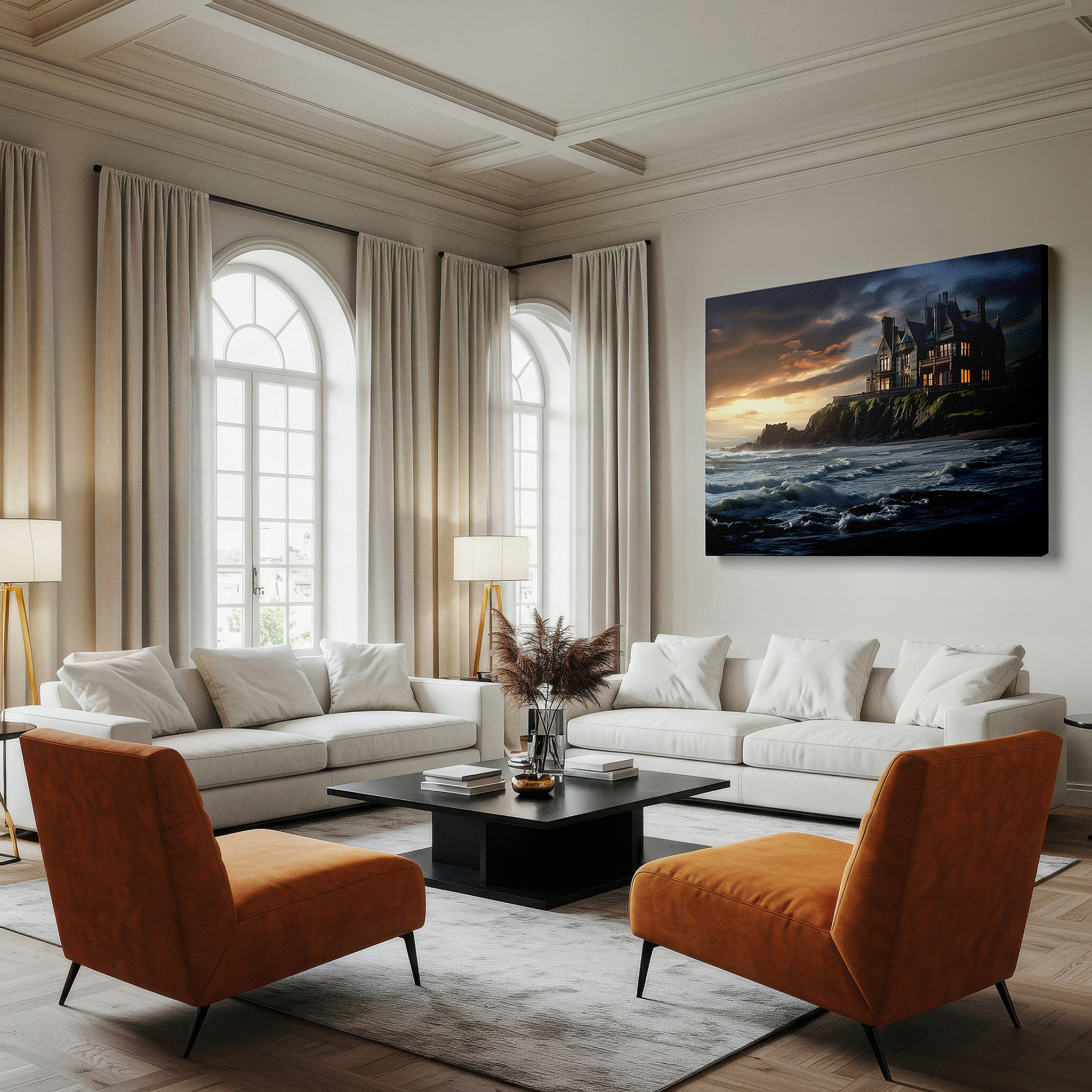 Balanced between two tall indoor plants near a window — gothic mansion on cliff overlooking stormy seas, sunset illuminates the horizon, large canvas wall art for home and office decor