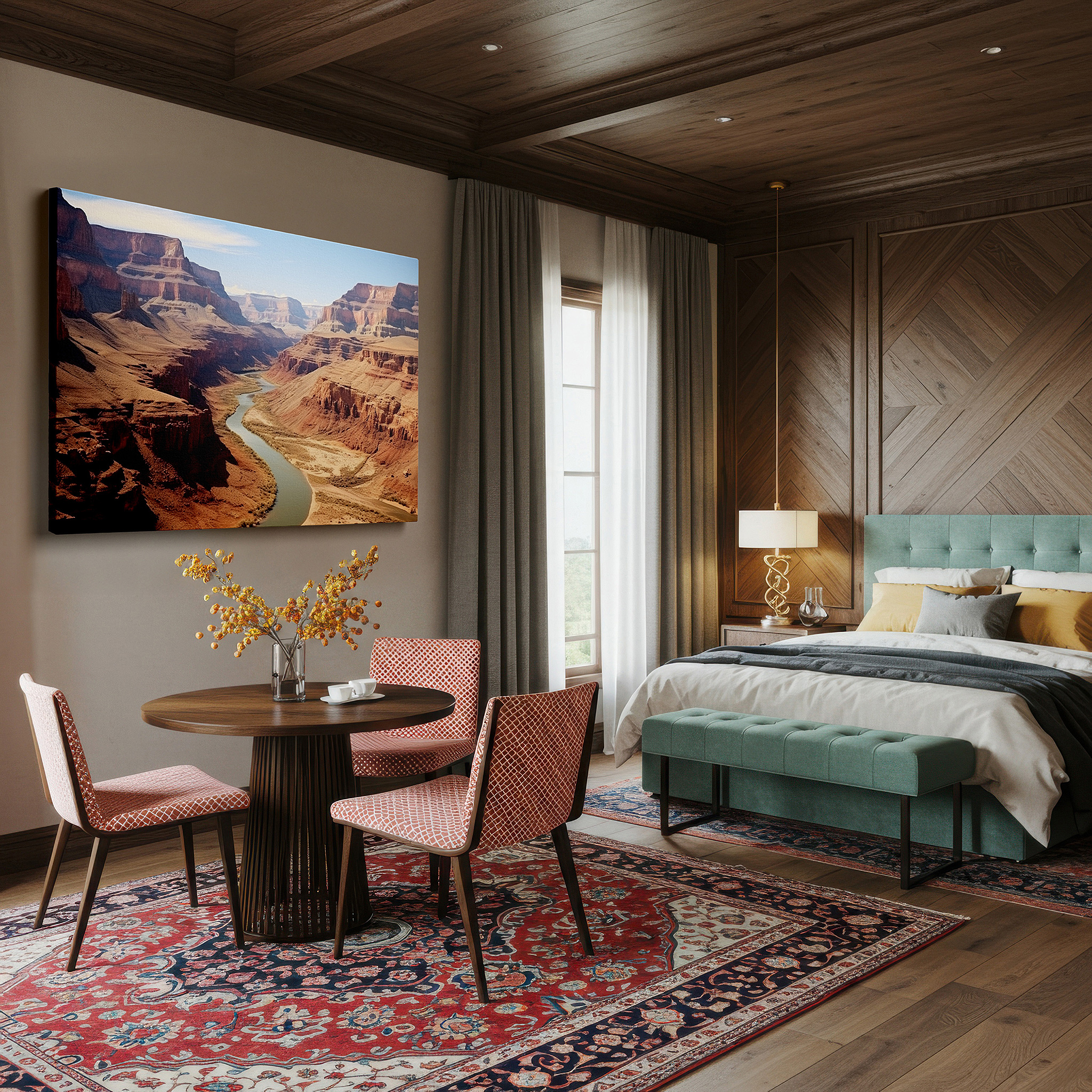 Balanced between two tall indoor plants near a window — grand canyon wall art for interiors: a vivid journey through time and nature. explore large canvas art, decorative wall pieces for offices and bedrooms.