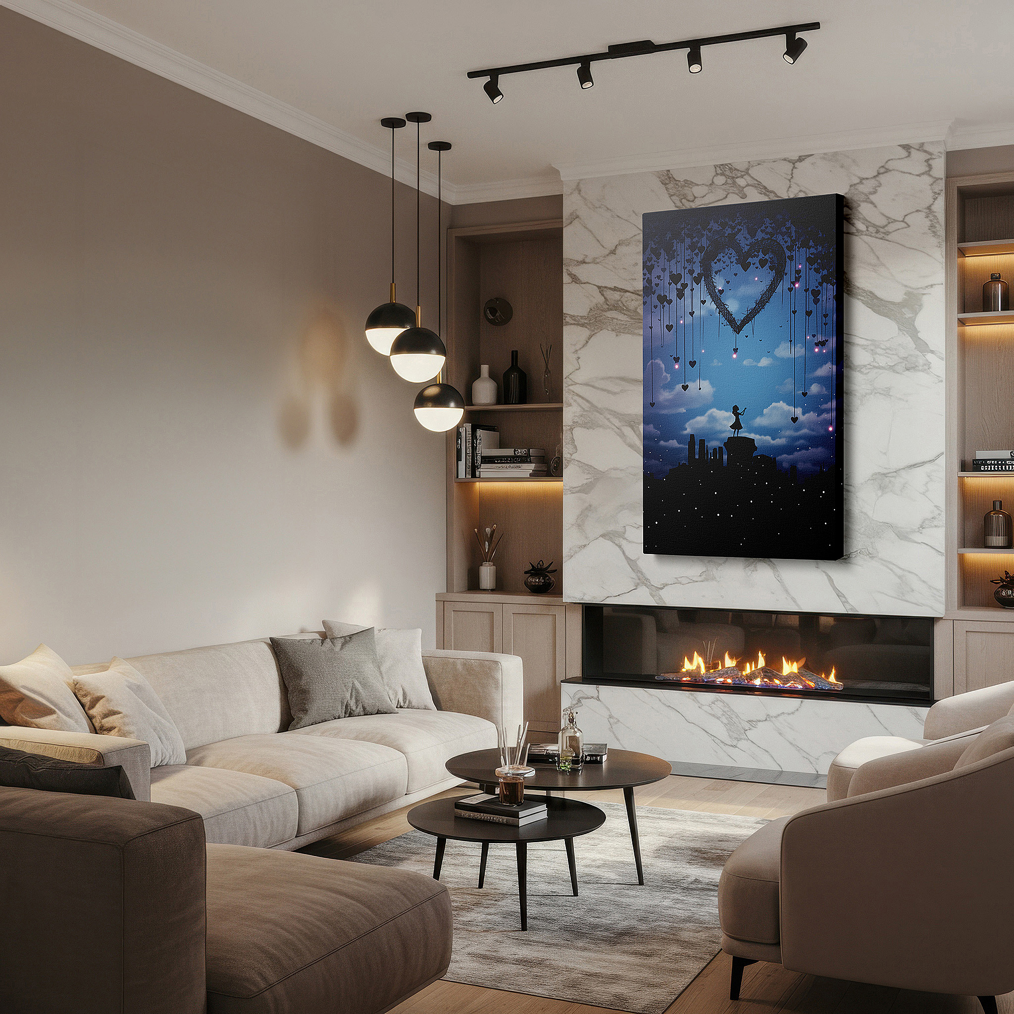 Balanced between two tall indoor plants near a window — heart-shaped constellation over girl on cliff - symbolizing love and hope, large canvas wall art for home and office decor