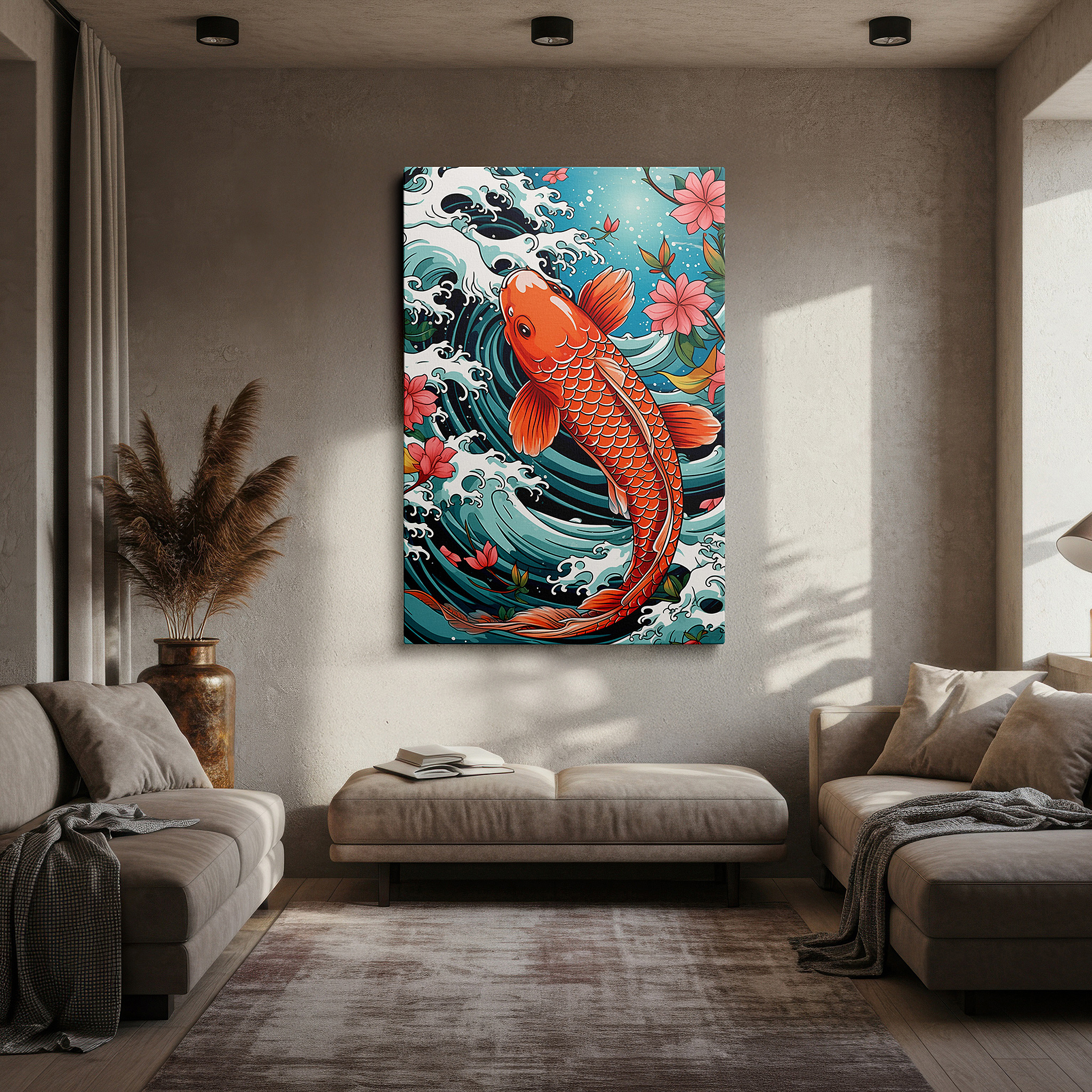 Balanced between two tall indoor plants near a window — koi fish and cherry blossoms: navigating tranquil waters amidst stormy seas - oversized wall art, canvas art, home and office decor, suitable for living rooms and bedrooms