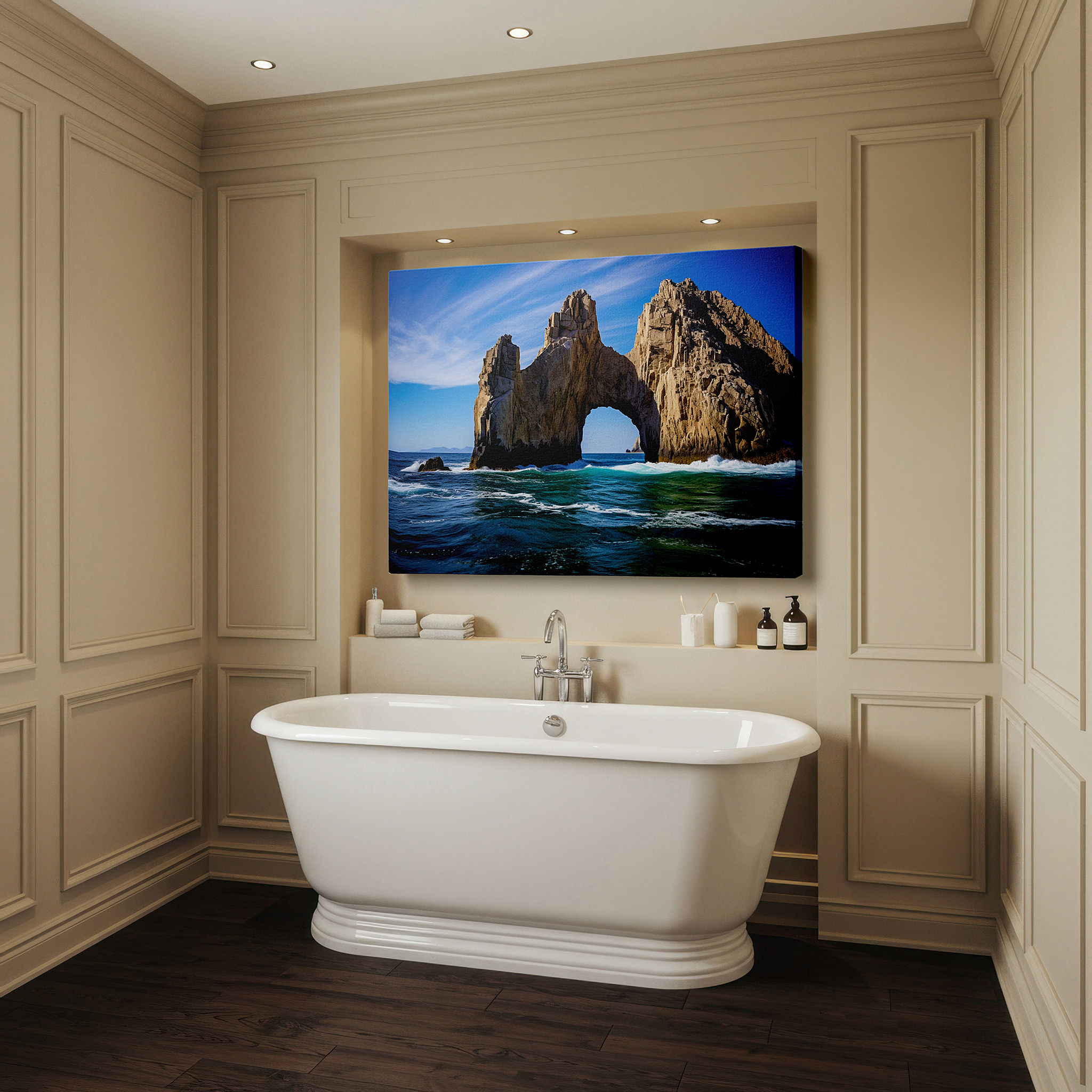 Balanced between two tall indoor plants near a window — land's end majestic sea arch - a tribute to the eternal beauty and strength of nature large wall art, canvas wall art, wall decor, office wall art