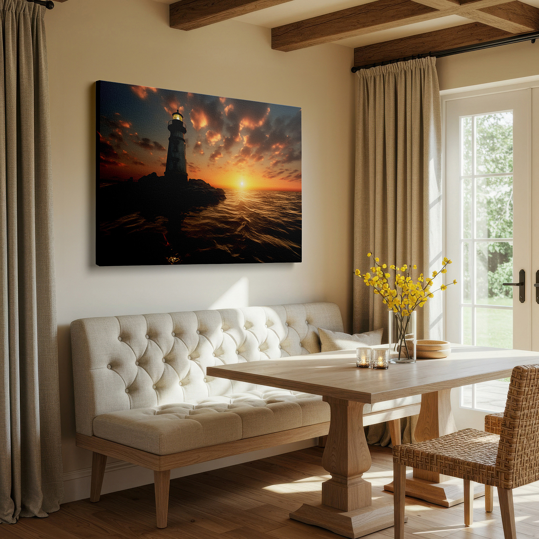 Balanced between two tall indoor plants near a window — lighthouse on rugged cliffs wall art: guiding from day to night, perfect for office or bedroom decor, available as large canvas