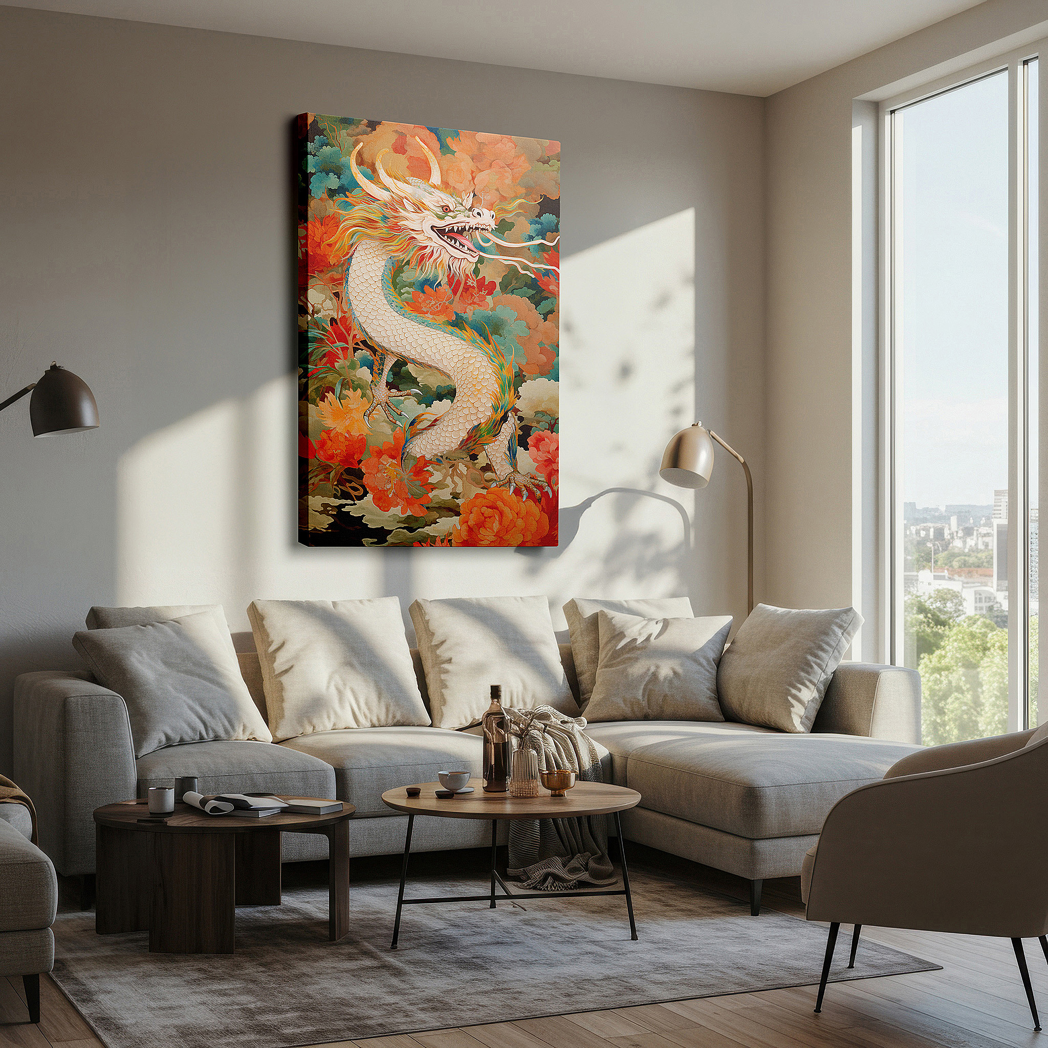Balanced between two tall indoor plants near a window — majestic dragon among vibrant blossoms - a blend of myth and nature large wall art, canvas wall art, wall decor, office wall art