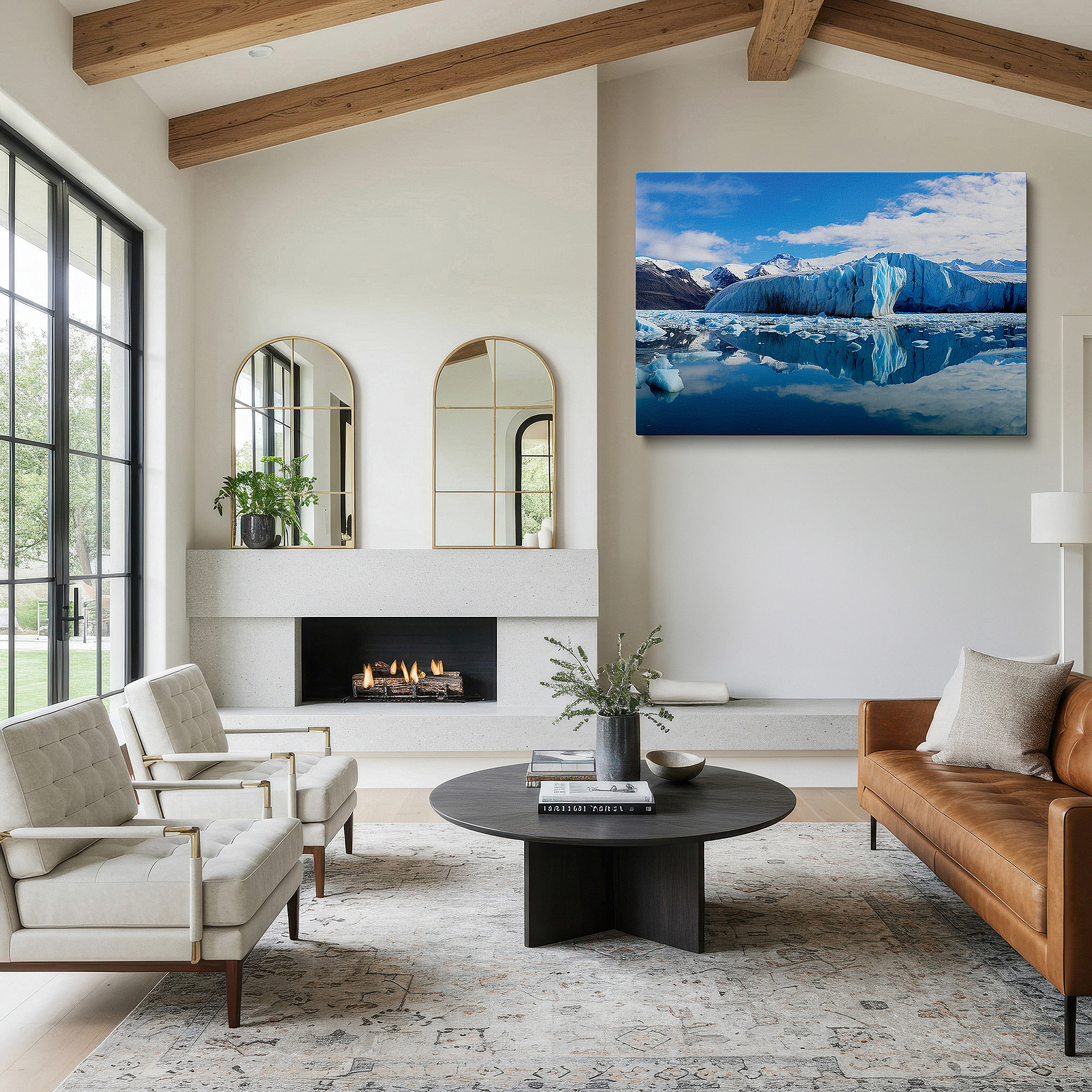 Balanced between two tall indoor plants near a window — majestic iceberg in peaceful glacial waters: a tranquil symphony of blues and whites - large canvas wall art for office decor