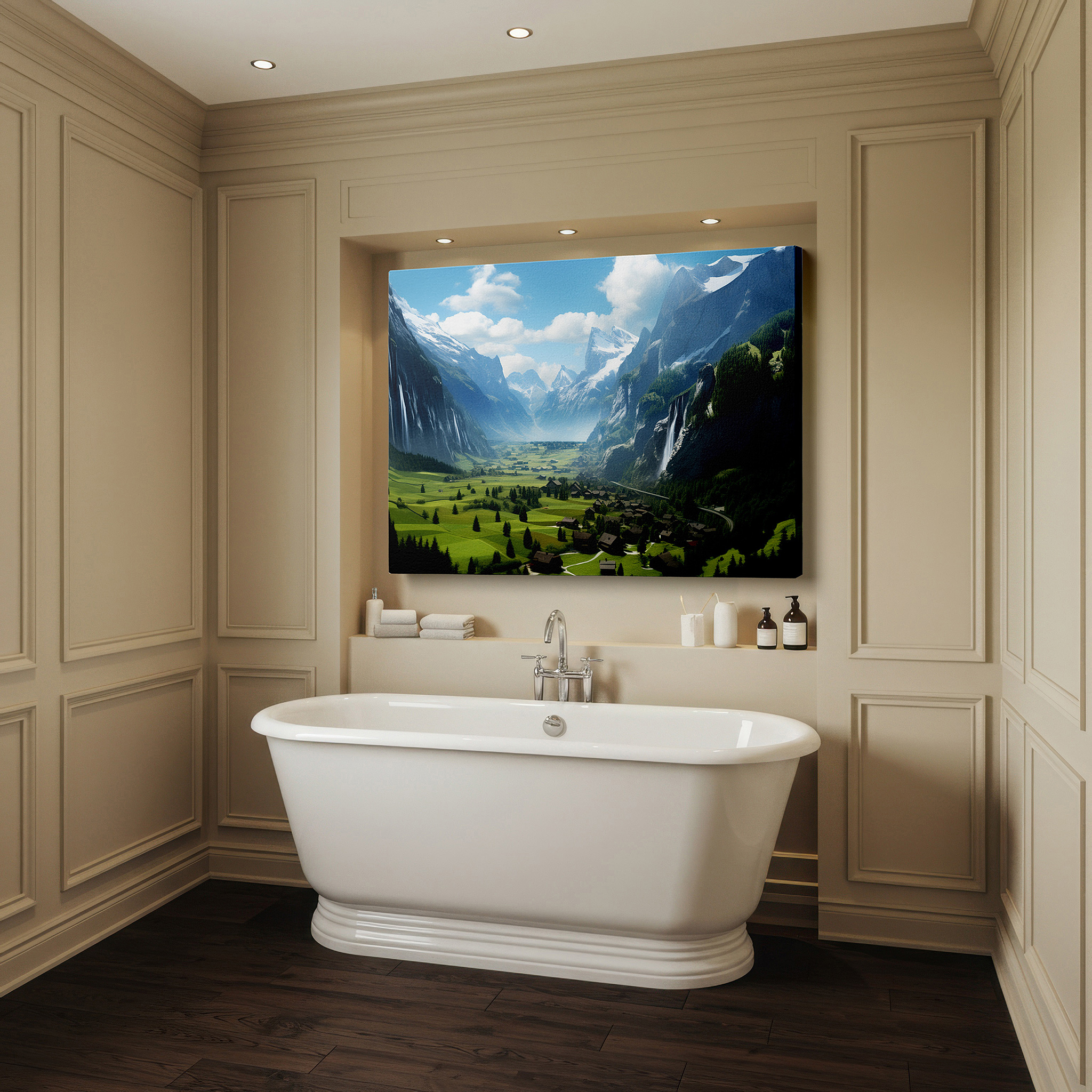 Balanced between two tall indoor plants near a window — majestic mountains and charming village surrounded by green valleys and waterfalls - large canvas wall art for home and office decor