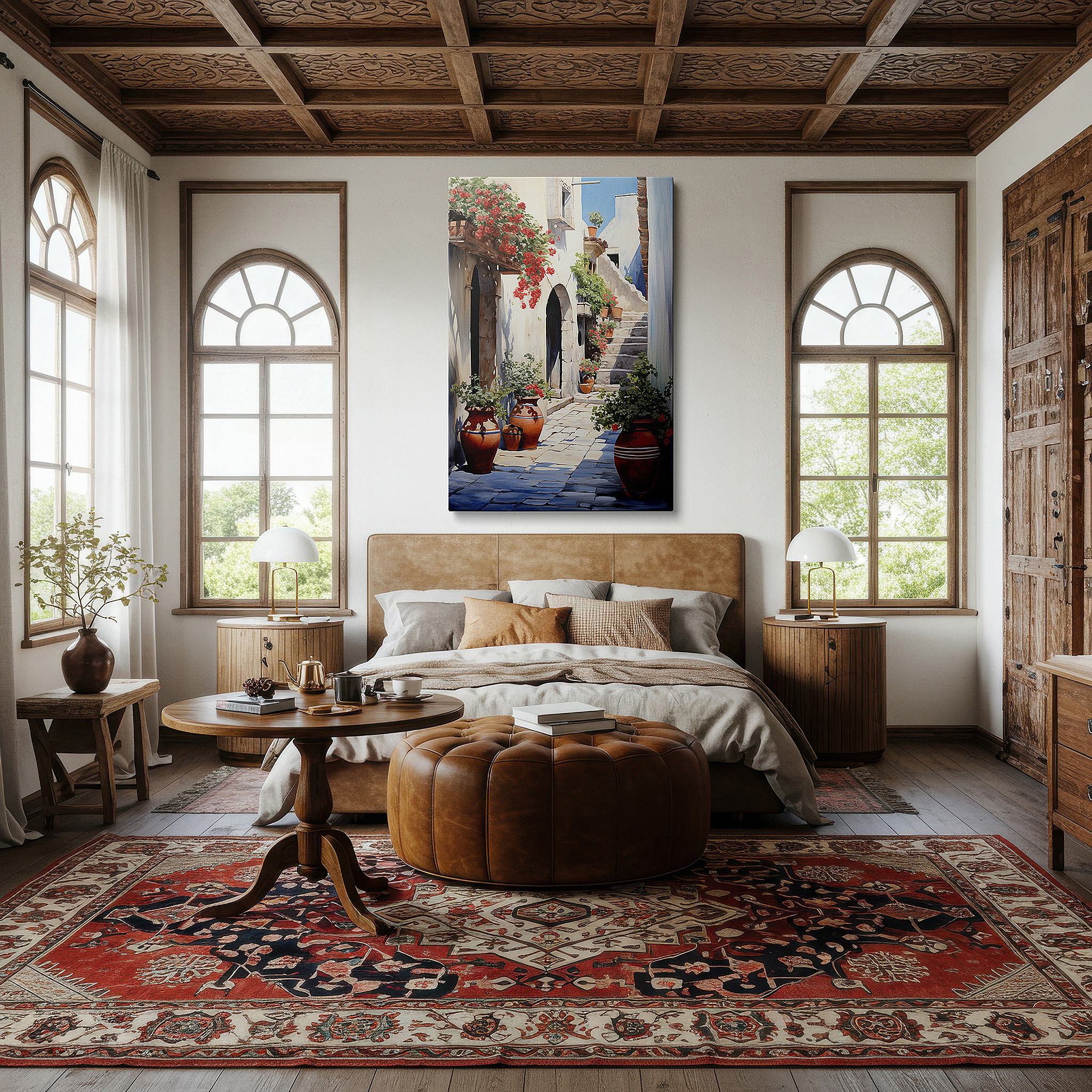 Balanced between two tall indoor plants near a window — mediterranean alleyway canvas art: sunlit cobblestones and blooming flowers - large wall decor for office and bedroom