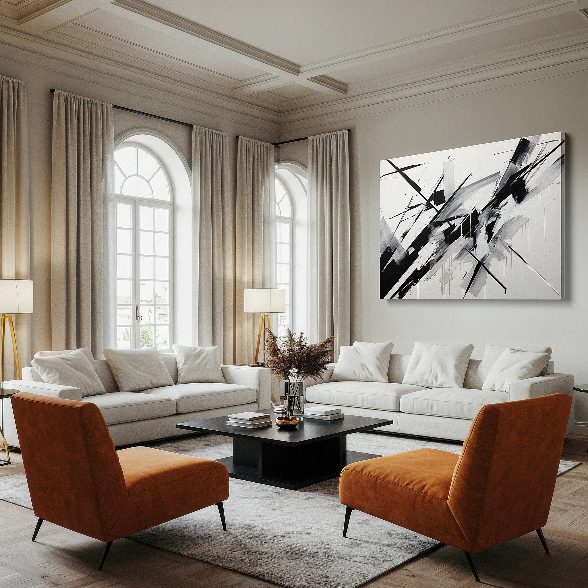 Balanced between two tall indoor plants near a window — modern black and white abstract canvas art: a play of light and shadow for contemporary spaces, large wall decor