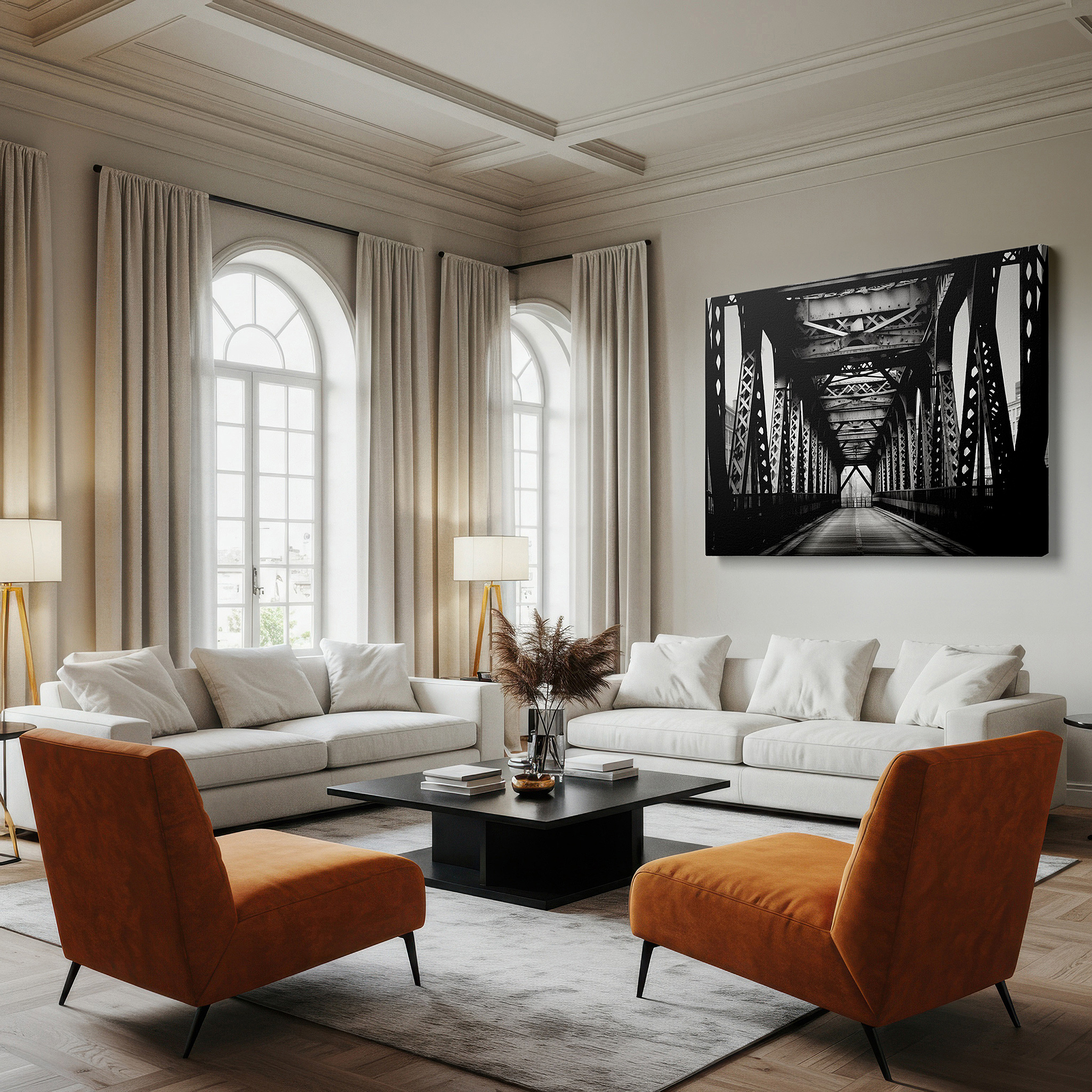 Balanced between two tall indoor plants near a window — monochrome industrial bridge: a study of form and function - large wall art, canvas wall art, wall decor for office and bedroom